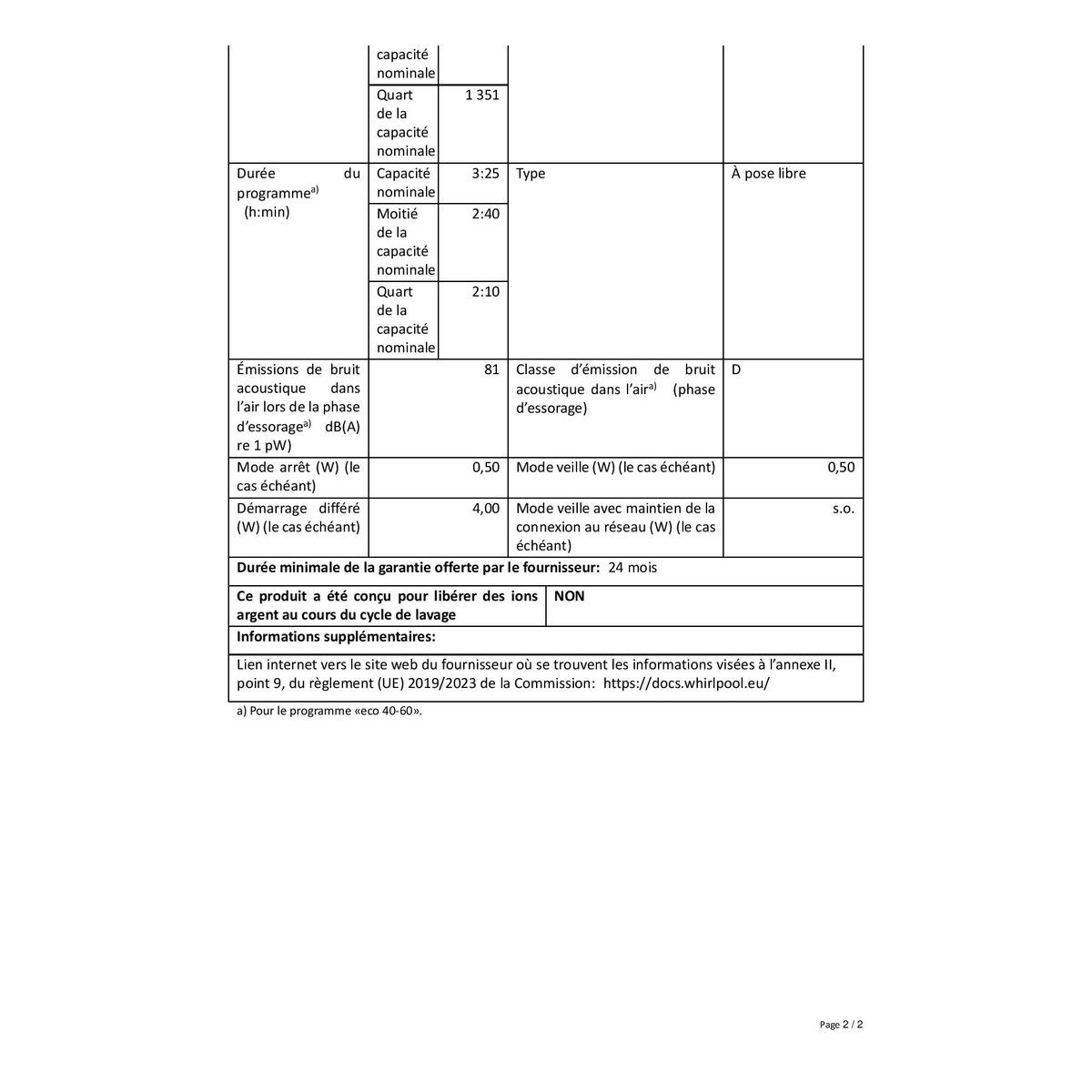WHIRLPOOL Lave linge hublot FFS7438WFR, 7 kg, 1400 t/min