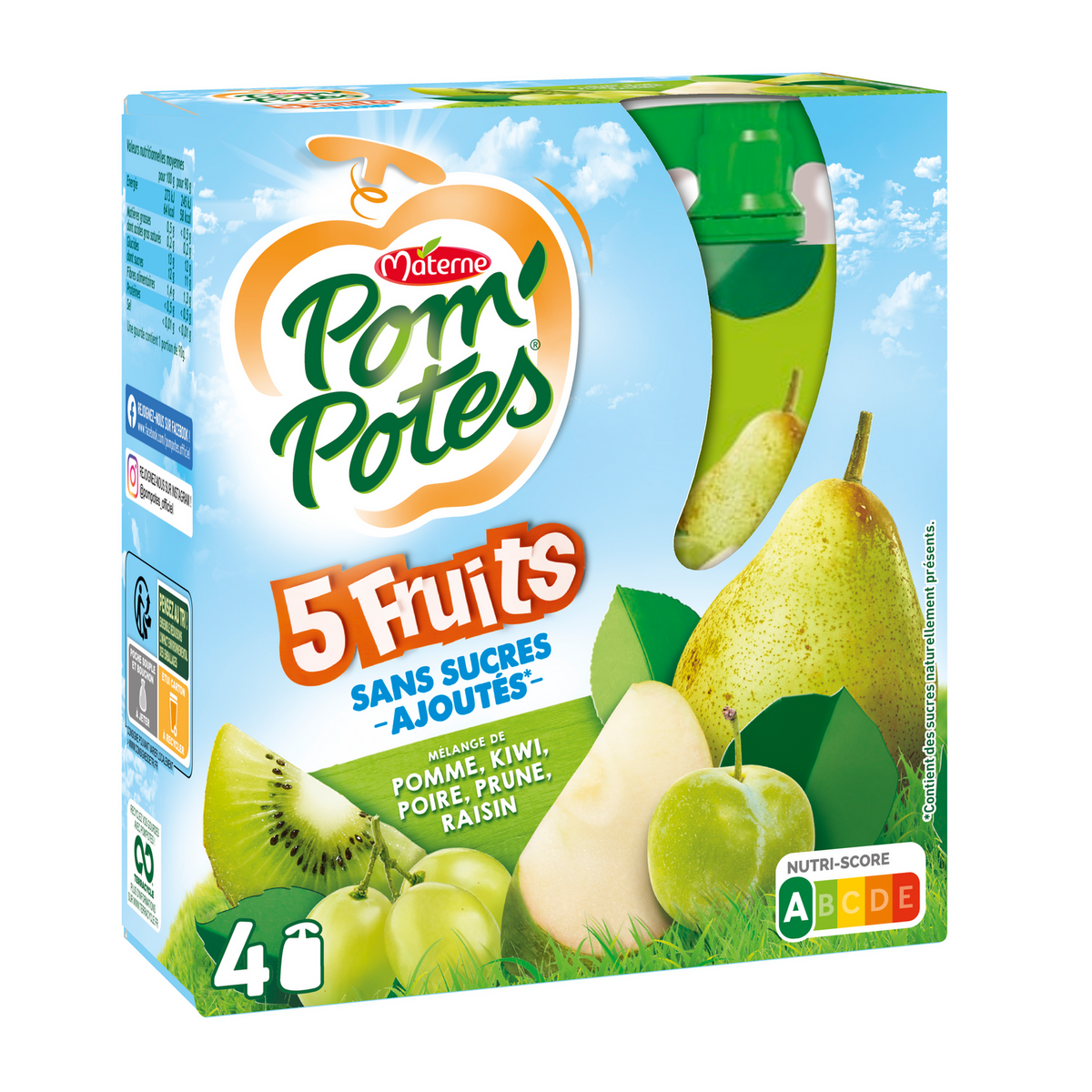POM'POTES Dessert gourdes 5 fruits verts sans sucre ajouté 4x90g