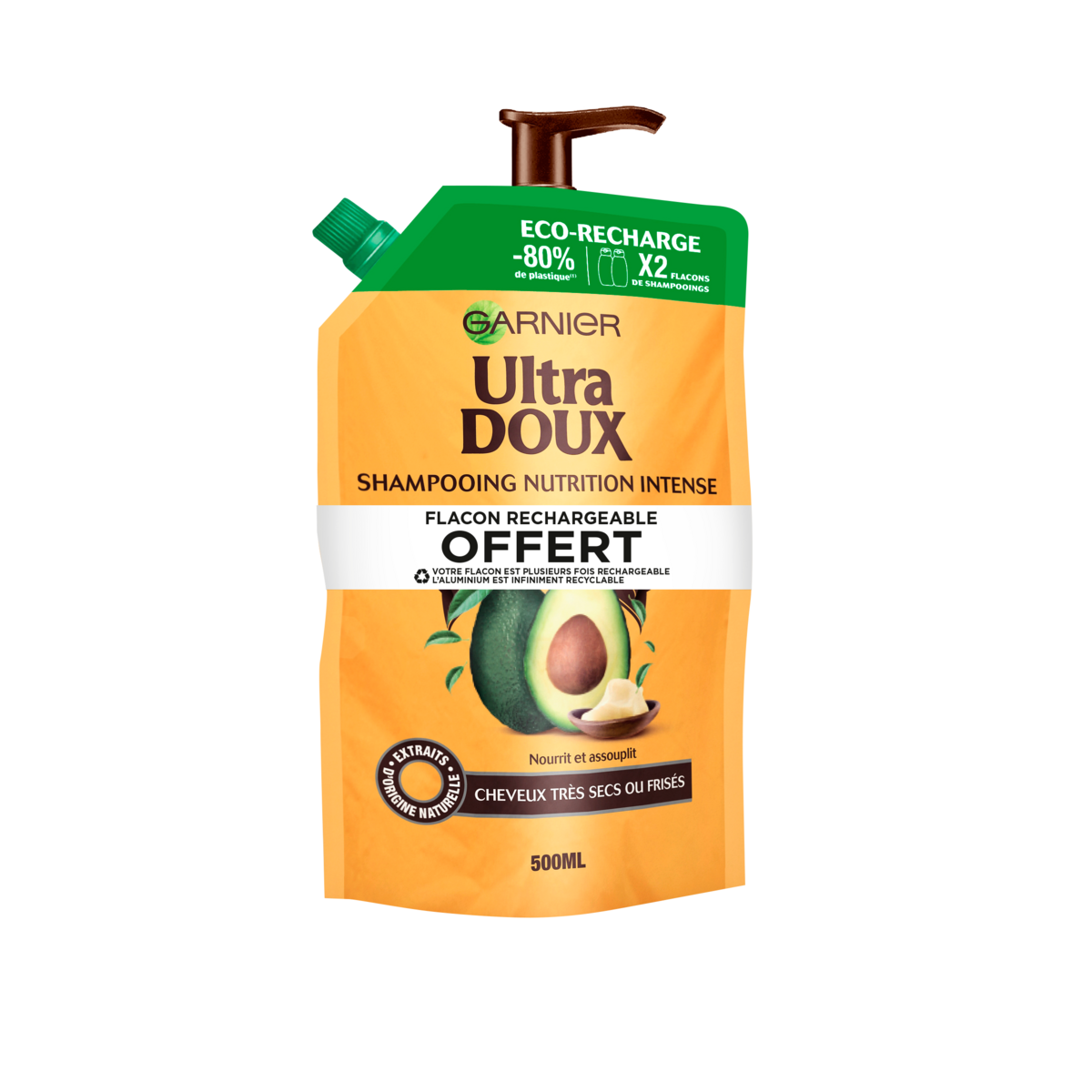 ULTRA DOUX Shampoing nutrition intense cheveux très sec ou frisées écorecharge et flacon 500ml + bouteille rechargeable 500ml