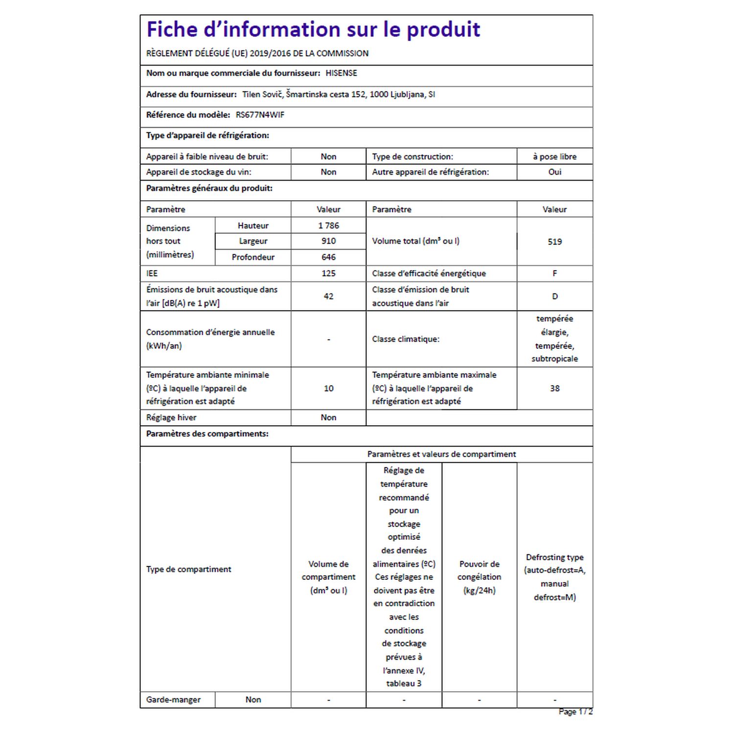 Voir la diapositive 6 : HISENSE Réfrigérateur américain RS677N4WIF, 519 L, Froid ventilé No frost