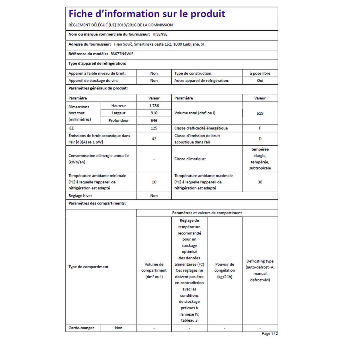 HISENSE Réfrigérateur américain RS677N4WIF, 519 L, Froid ventilé No frost