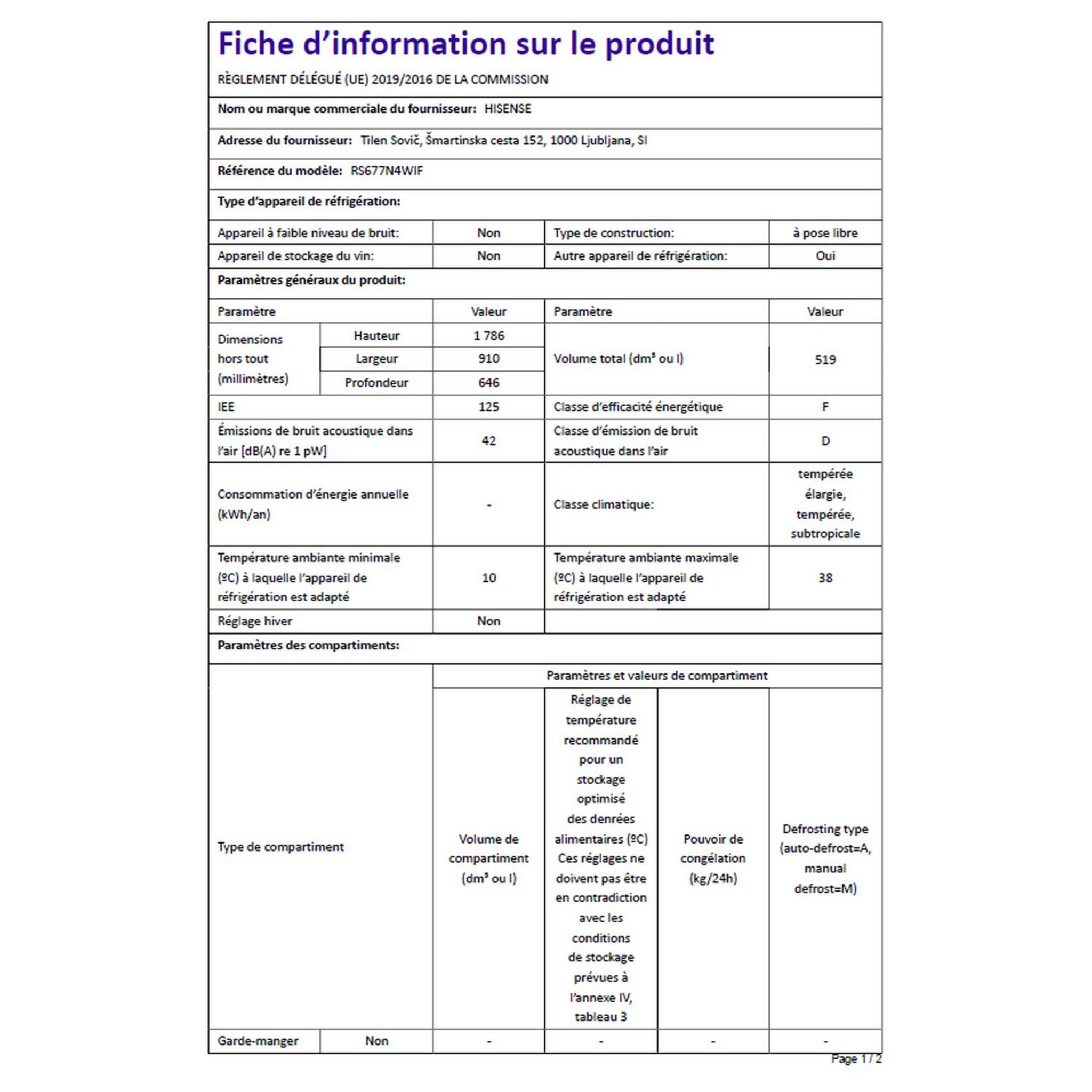 Voir la diapositive 6 : HISENSE Réfrigérateur américain RS677N4WIF, 519 L, Froid ventilé No frost