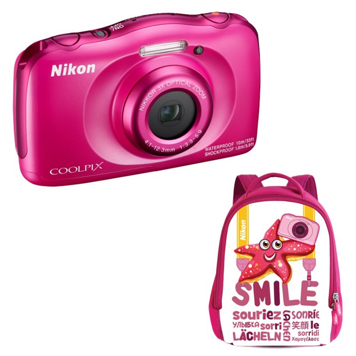 NIKON Appareil Photo Compact - Enfant - Etanche - Anti Choc  COOLPIX W100 - Rose + Objectif 4.1-12.3 mm + Sac à dos