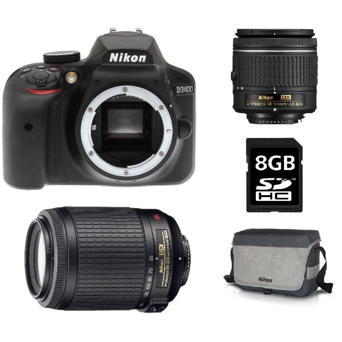NIKON Appareil Photo Reflex - D3400 - Noir + Objectif 18-55 mm + Objectif 55-200 mm + Sac Photo + Carte SD 8Go