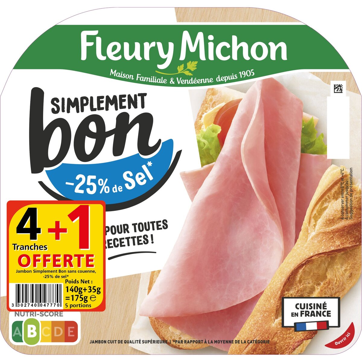 FLEURY MICHON Simplement bon Jambon sans couenne 4 tranches +1 offerte 175g