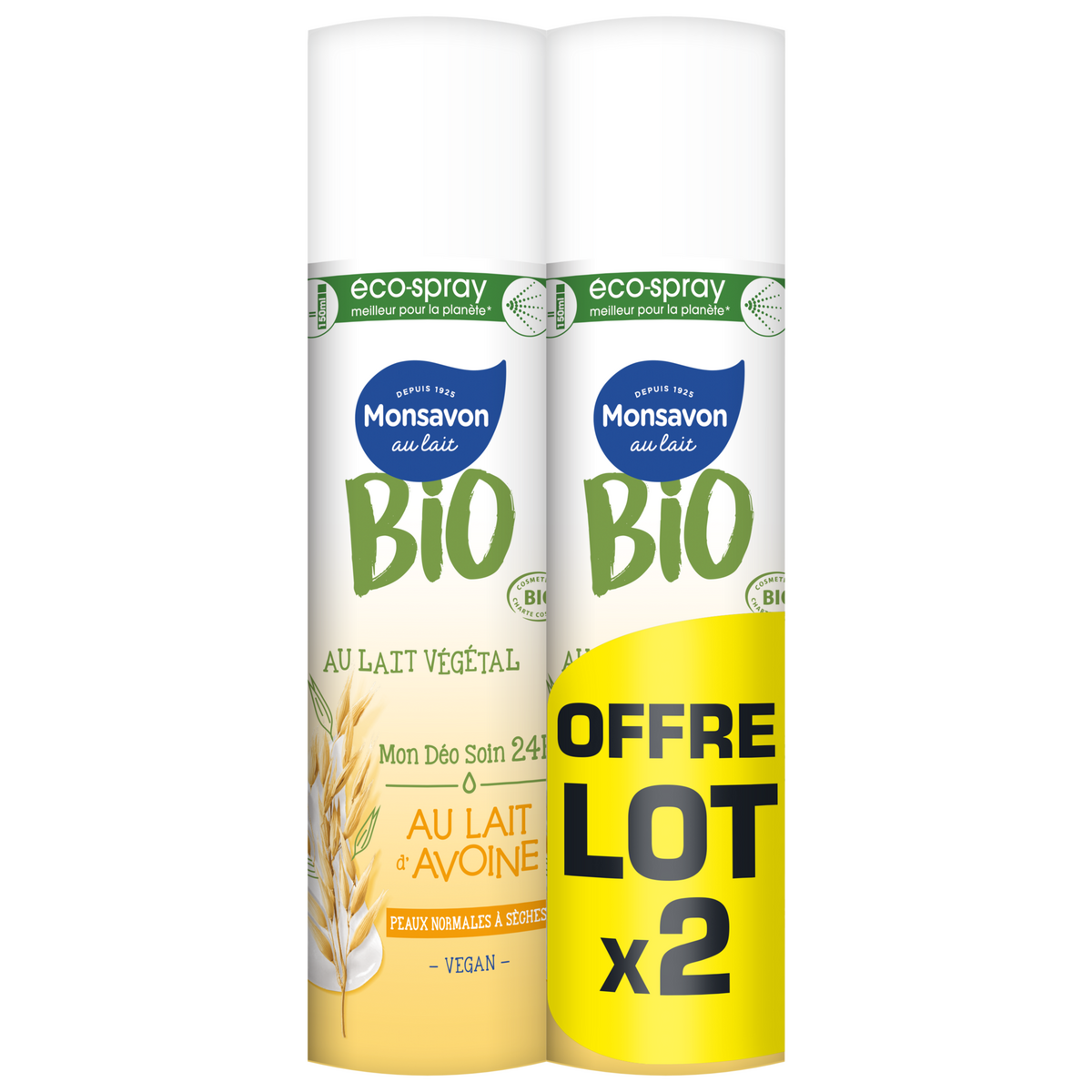 MONSAVON BIO Déodorant spray bio vegan 24h peaux normales à séches au lait d'avoine 2x75ml