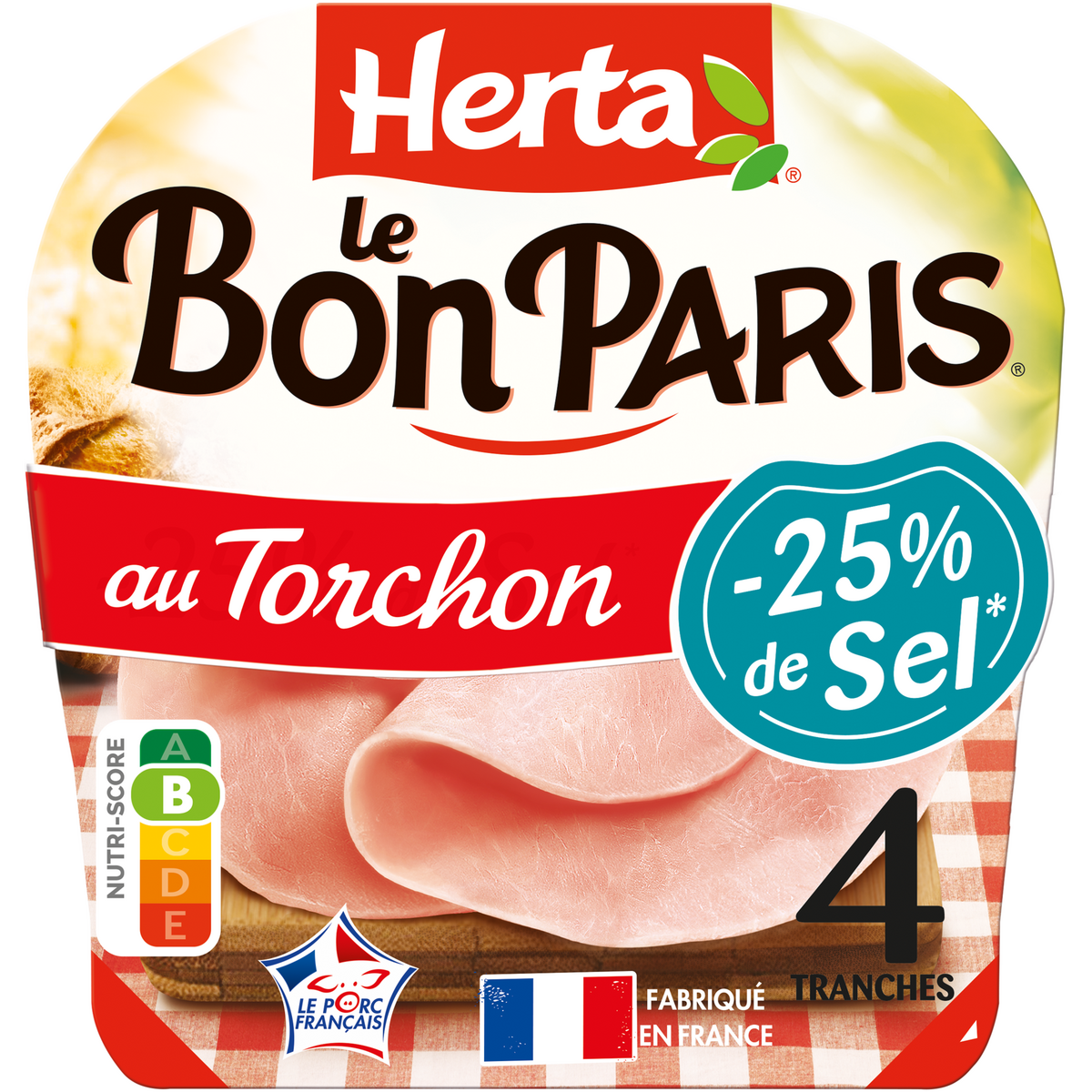 HERTA Le bon Paris jambon cuit au torchon réduit en sel 4 tranches 360g