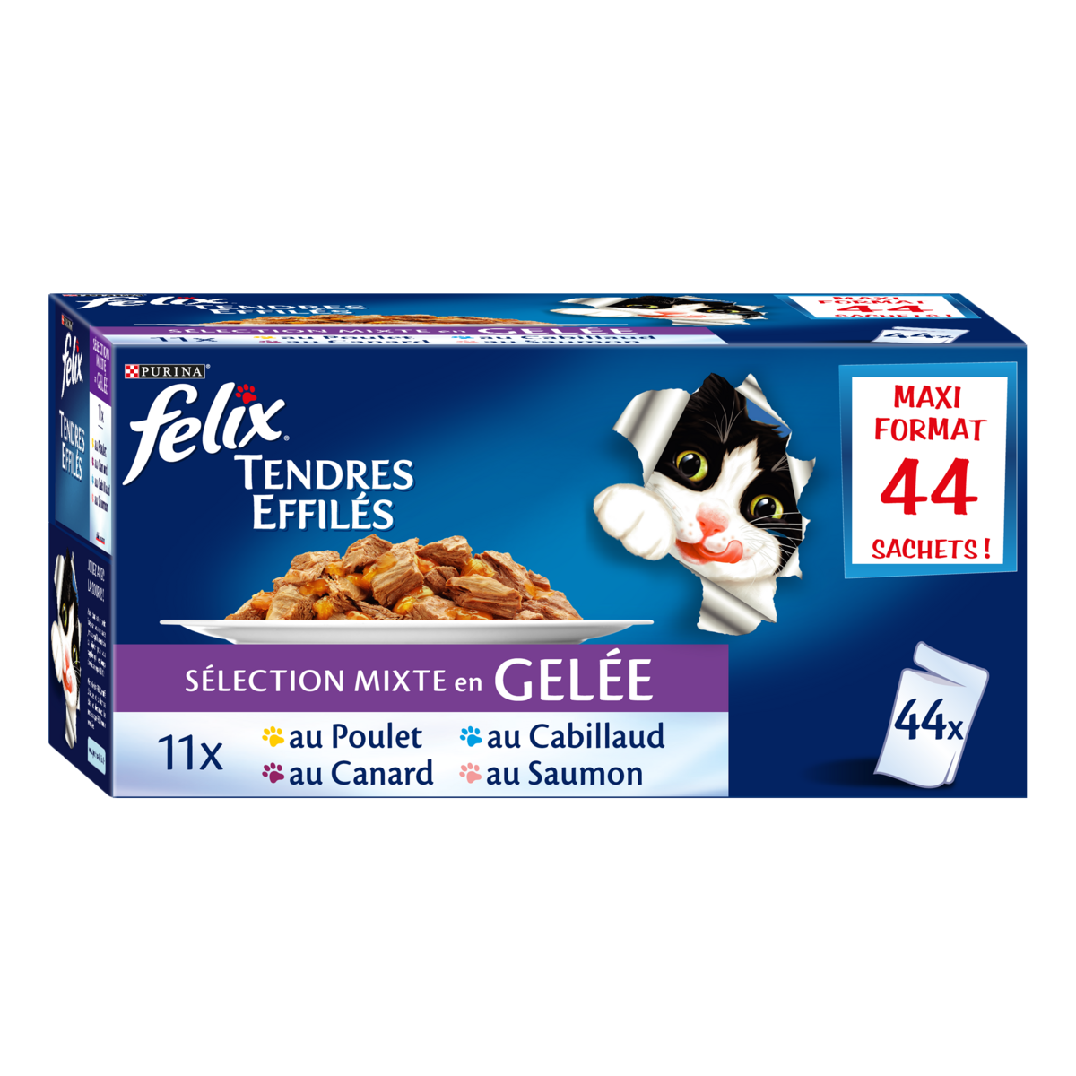 FELIX Sachets repas effilés en gelée viandes poissons pour chat 44x100g