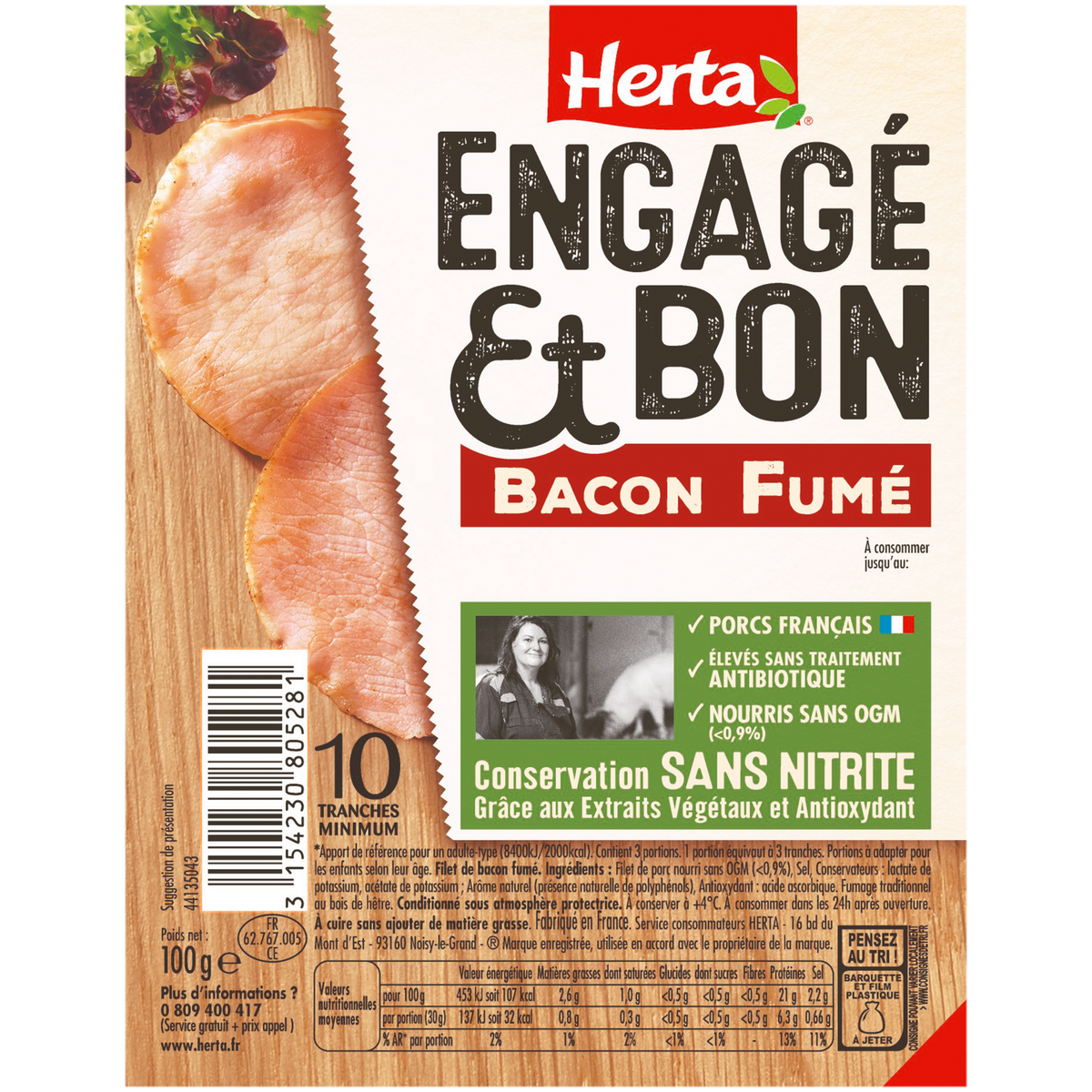 HERTA Engagé et Bon bacon fumé sans nitrite 10 tranches 100g