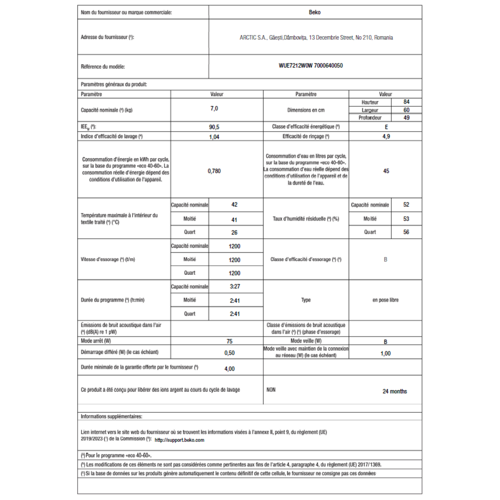 Voir la diapositive 7 : BEKO Lave linge hublot WUE7212W0W, 7 kg, 1200 T/min, E