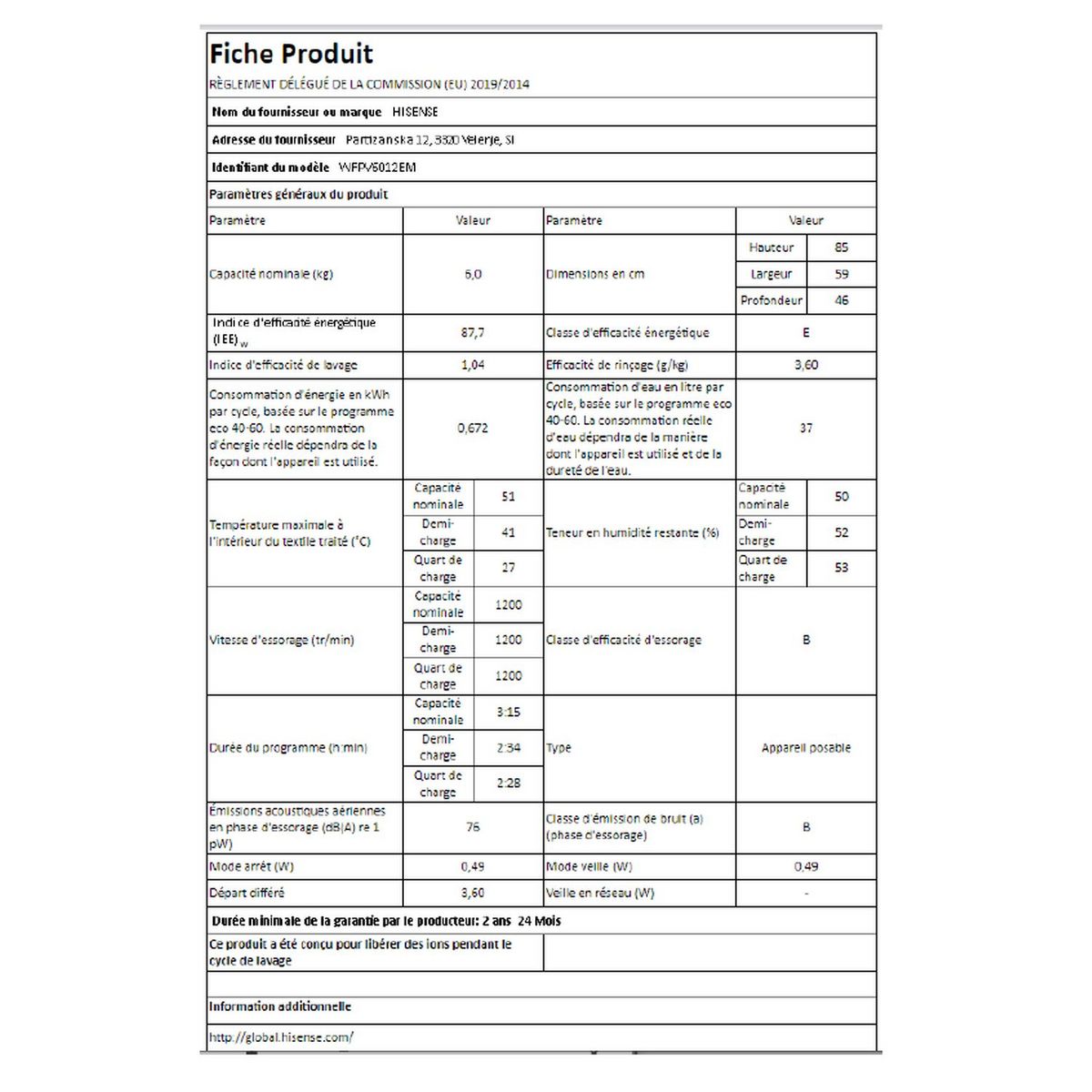 HISENSE Lave linge hublot WFPV6012EM, 6 kg, 1200 T/min