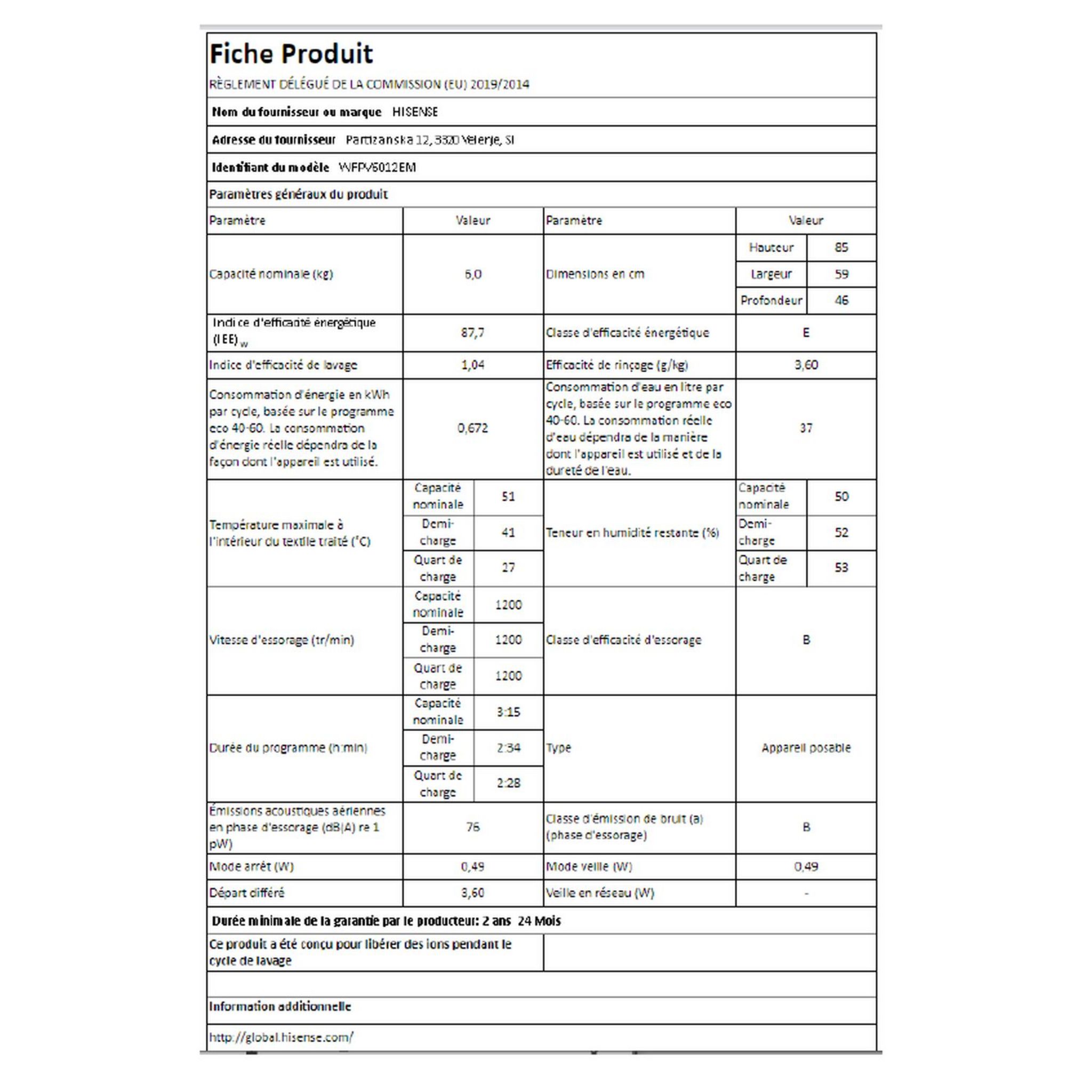 Voir la diapositive 6 : HISENSE Lave linge hublot WFPV6012EM, 6 kg, 1200 T/min