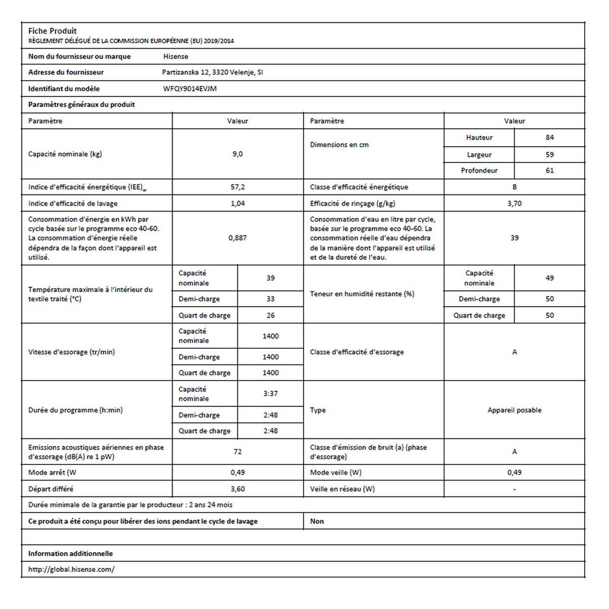 HISENSE Lave linge hublot WFQY9014EVJM, 9 kg, 1400 T/min