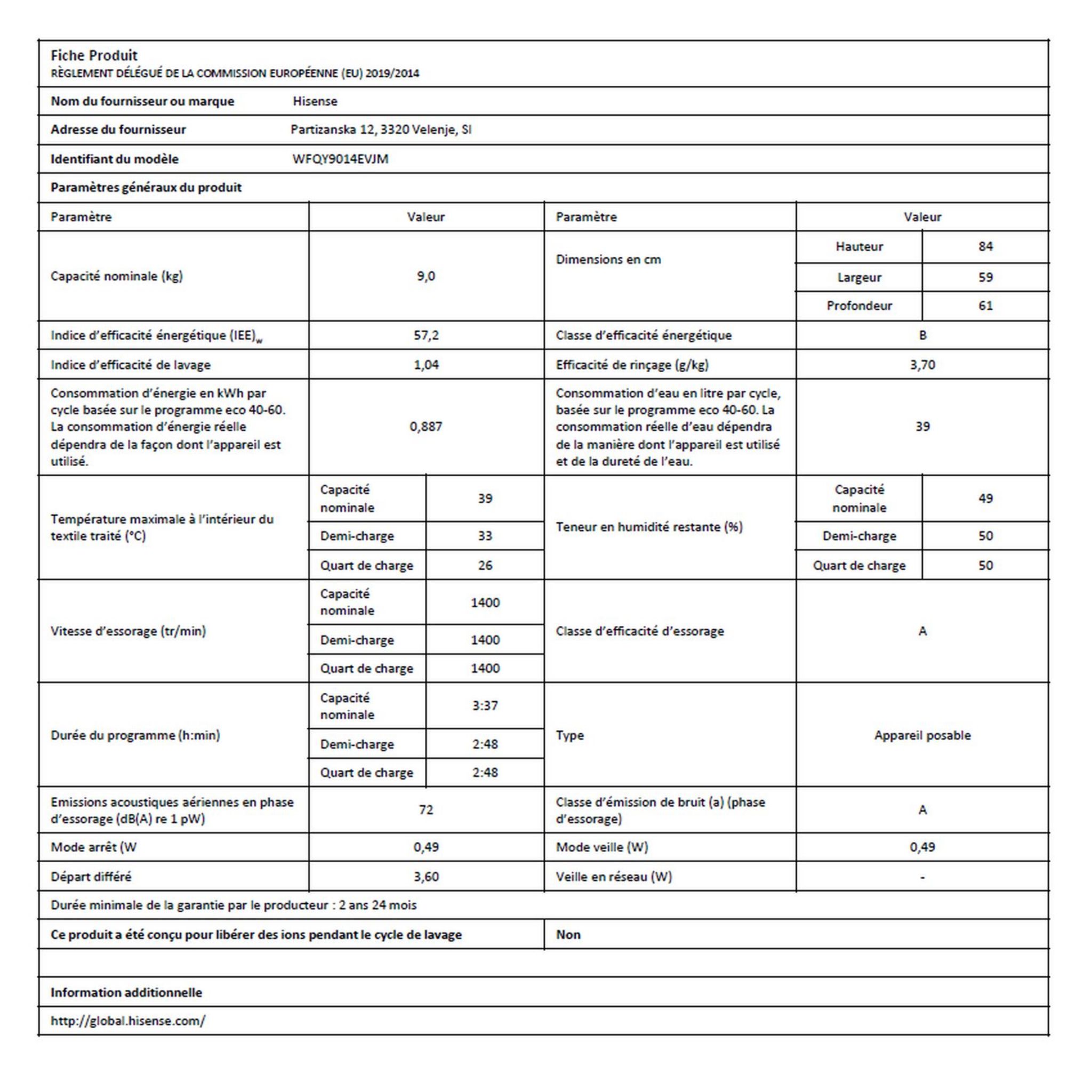 Voir la diapositive 4 : HISENSE Lave linge hublot WFQY9014EVJM, 9 kg, 1400 T/min