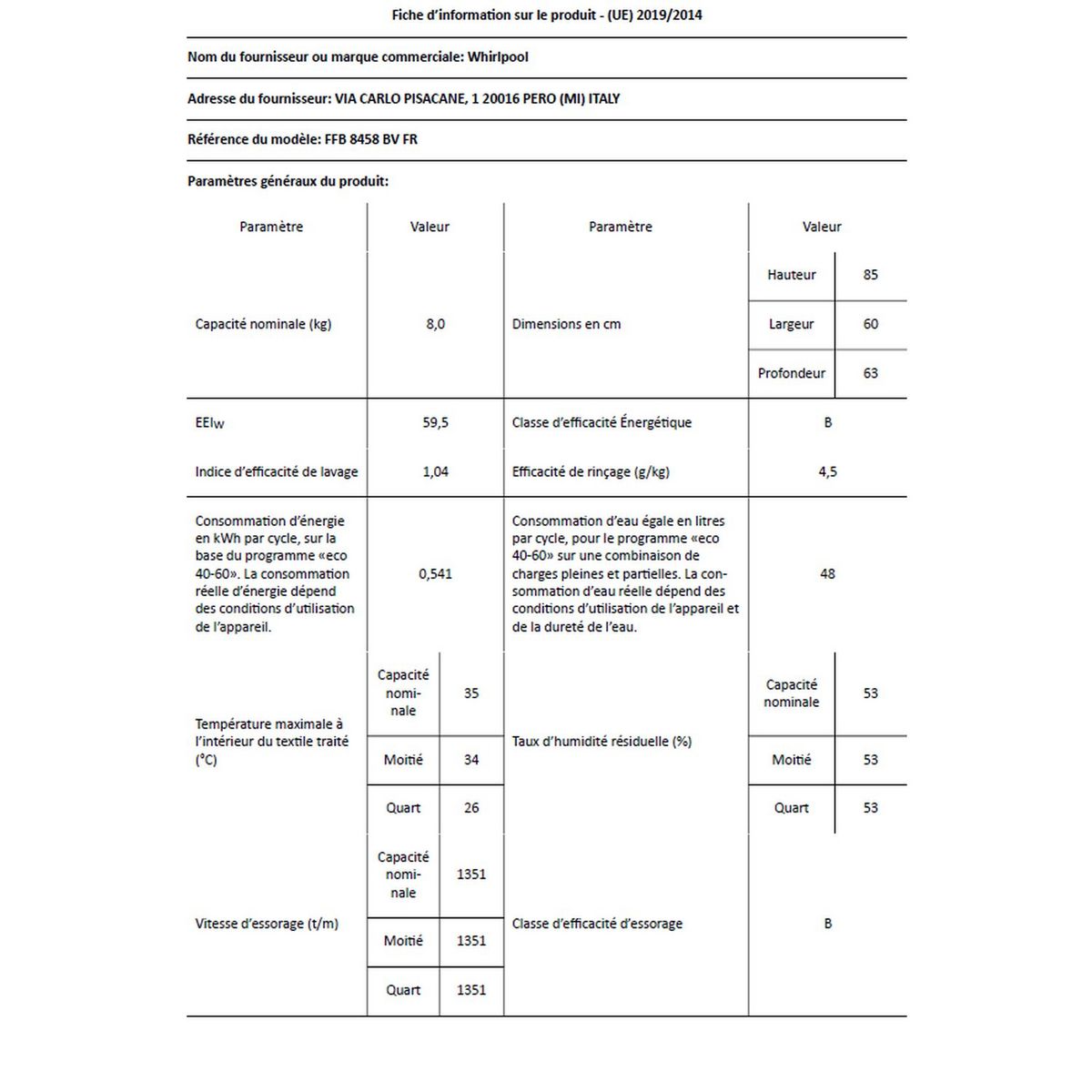 WHIRLPOOL Lave linge hublot FFB8458BVFR, 8 kg, 1400 T/min
