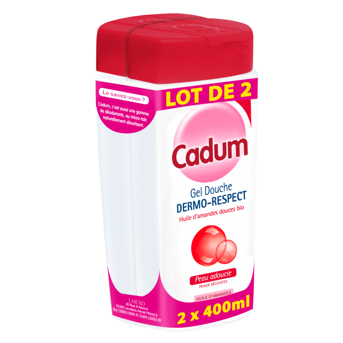 CADUM Gel douche dermo- respect huile d'amande douce bio peau adoucie Lot de 2 2x400ml
