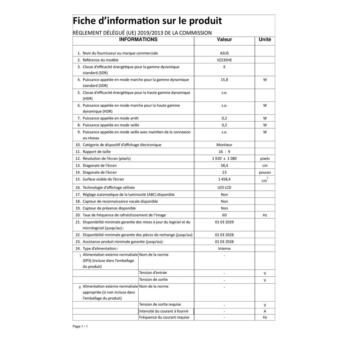 ASUS Ecran ordinateur VZ239HE -Noir