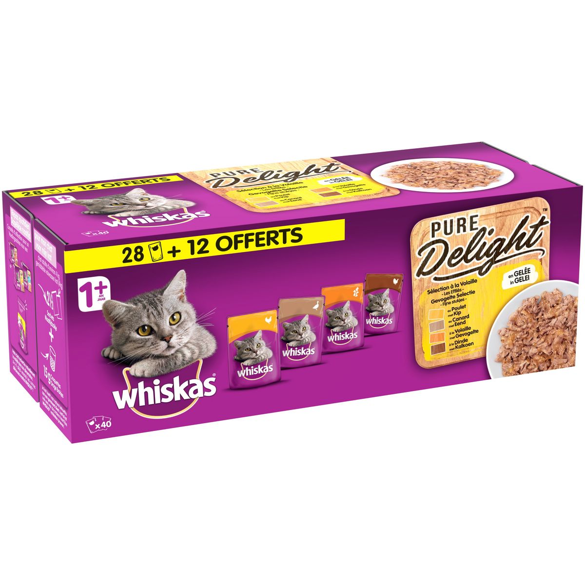 WHISKAS Sachet repas effilés en gelée volaille pour chat 28+12offerts 40x85g