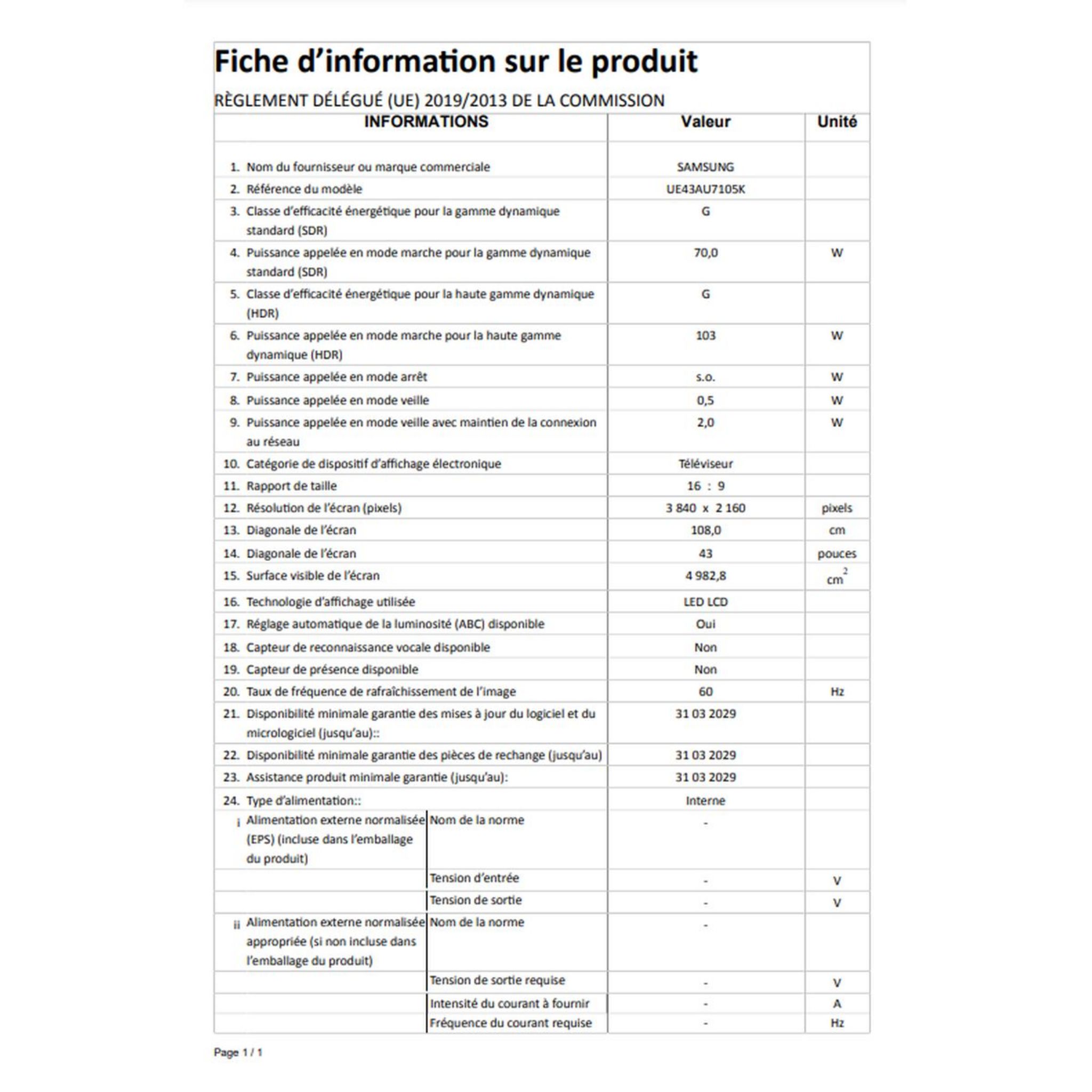Voir la diapositive 2 : SAMSUNG UE43AU7105 TV 4K Crystal UHD 108 cm Smart TV
