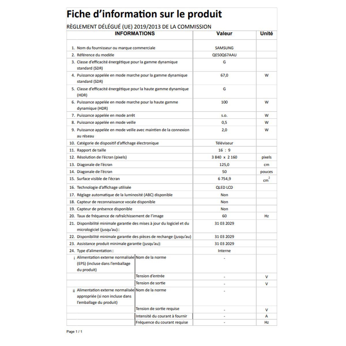 SAMSUNG QE50Q67AAUXXC TV QLED 4K UHD 125 cm Smart TV