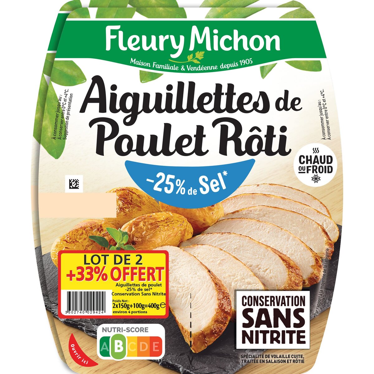 FLEURY MICHON Aiguillettes de poulet rôti sel réduit 2x200g