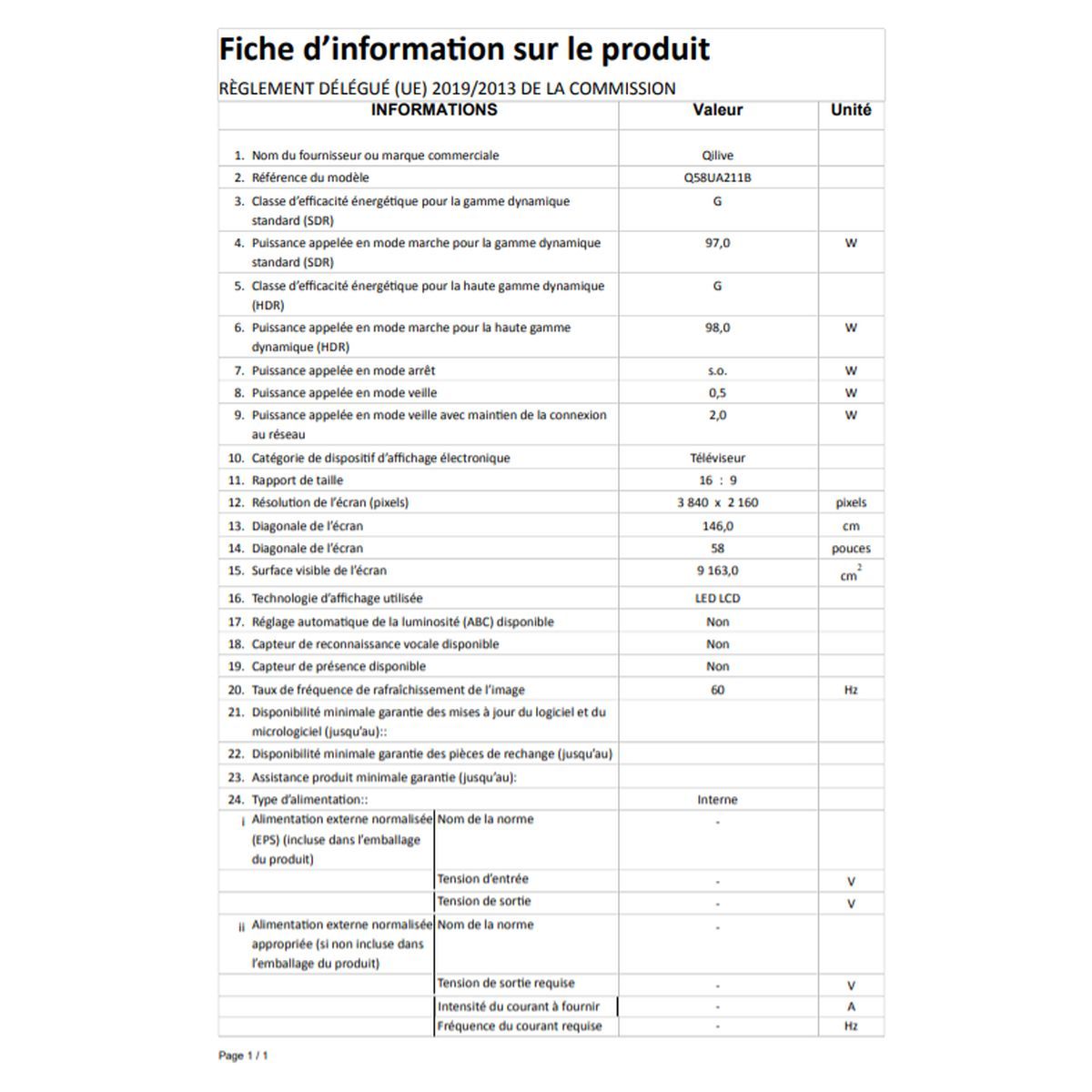 QILIVE Q58UA211B TV DLED UHD 146 cm Android TV