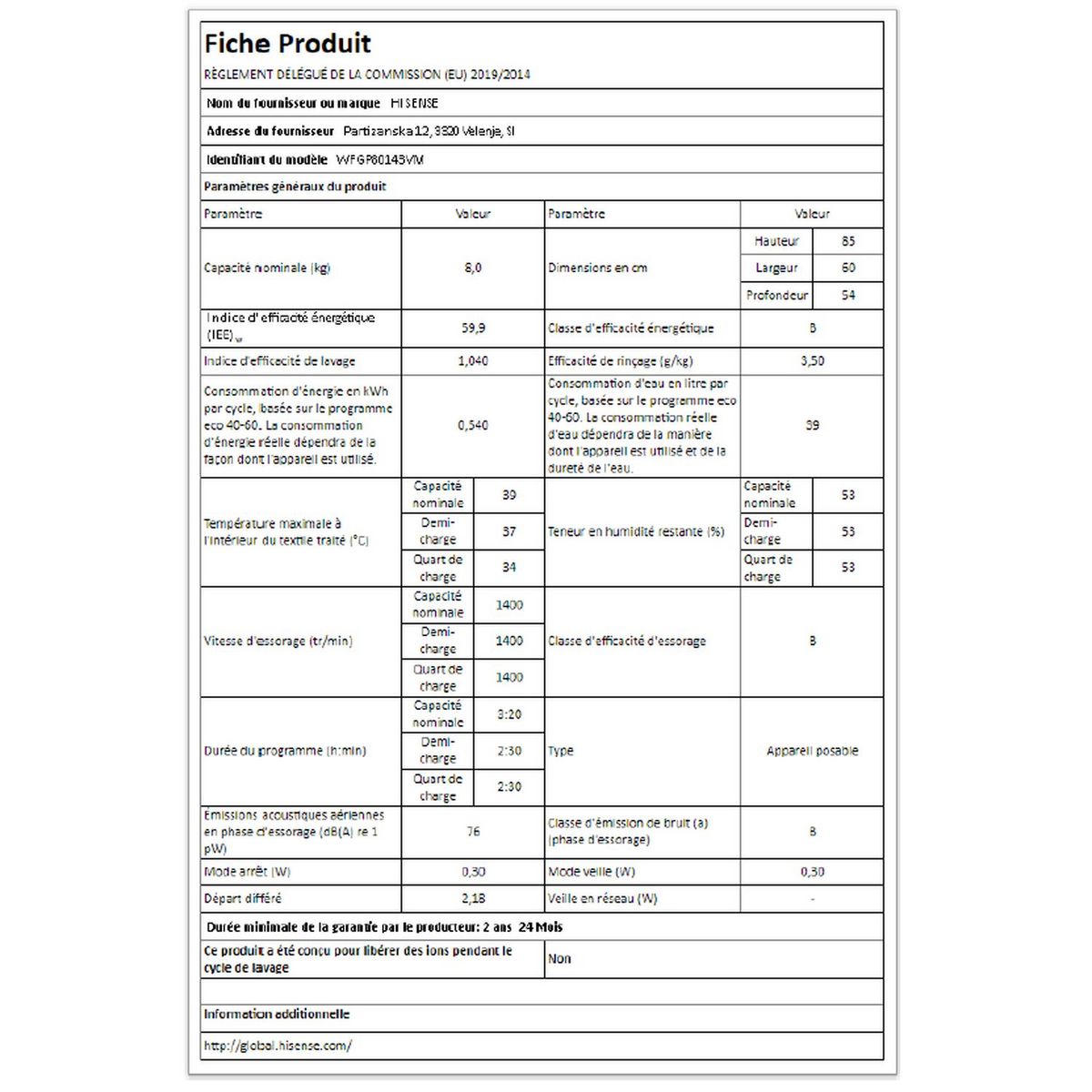 HISENSE Lave linge hublot WFGP80143VM, 8 kg, 1400 T/min, B