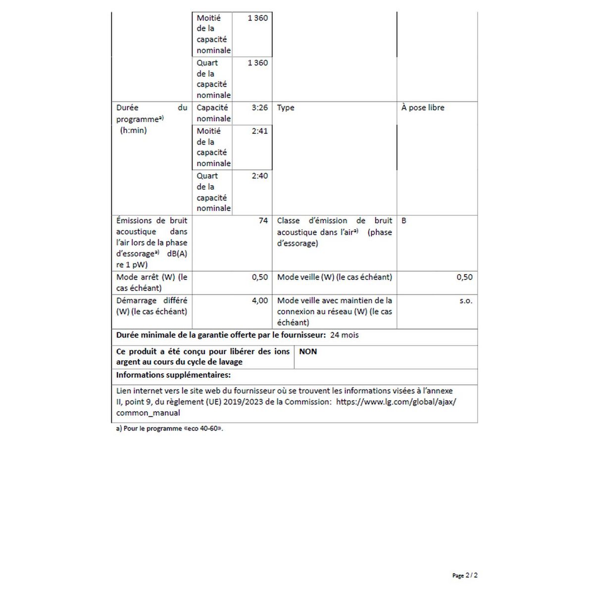 LG Lave linge hublot F74N23WH, 7 kg, 1400 T/min