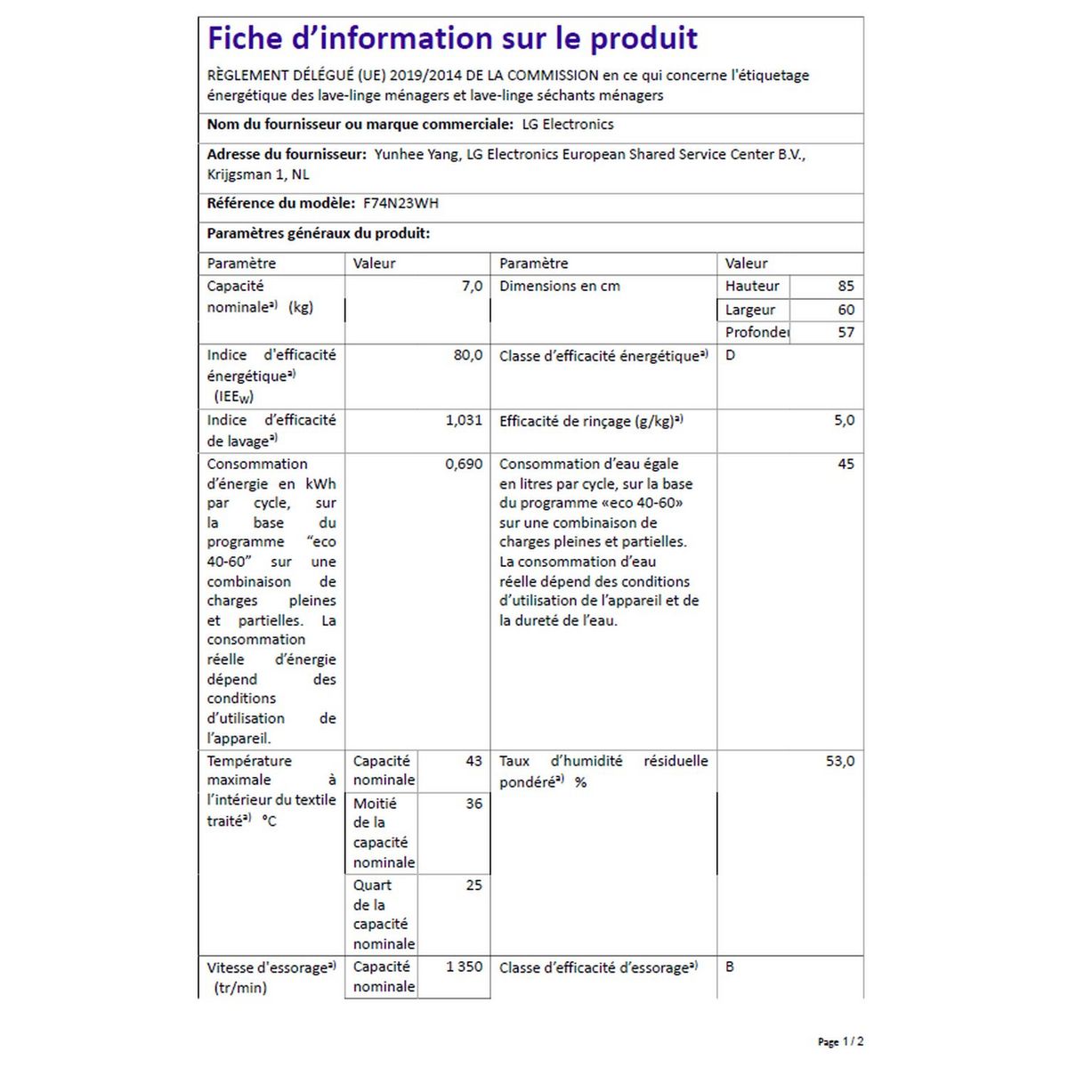 LG Lave linge hublot F74N23WH, 7 kg, 1400 T/min