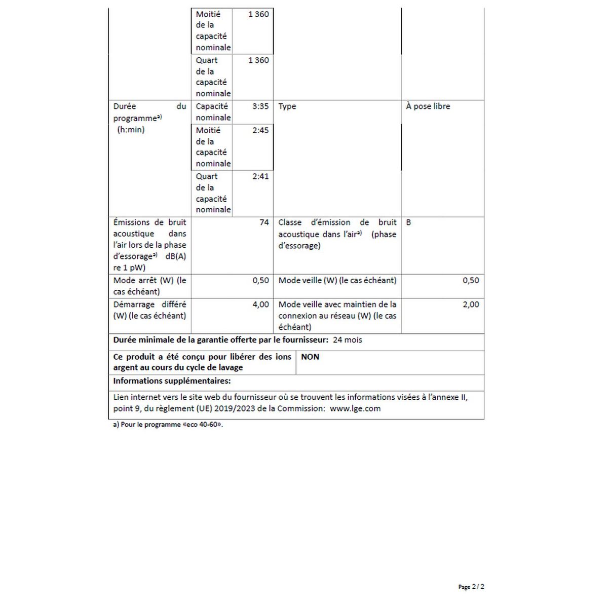 LG Lave linge hublot F84N25WH, 8 kg, 1400 T/min