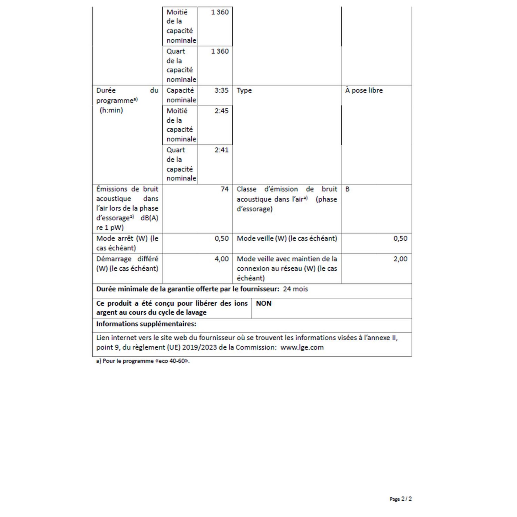 Voir la diapositive 18 : LG Lave linge hublot F84N25WH, 8 kg, 1400 T/min
