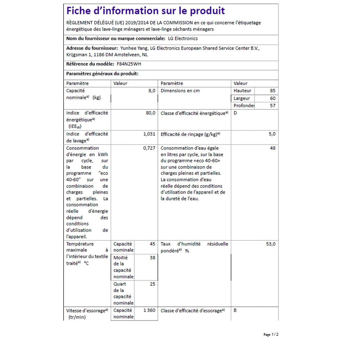 LG Lave linge hublot F84N25WH, 8 kg, 1400 T/min