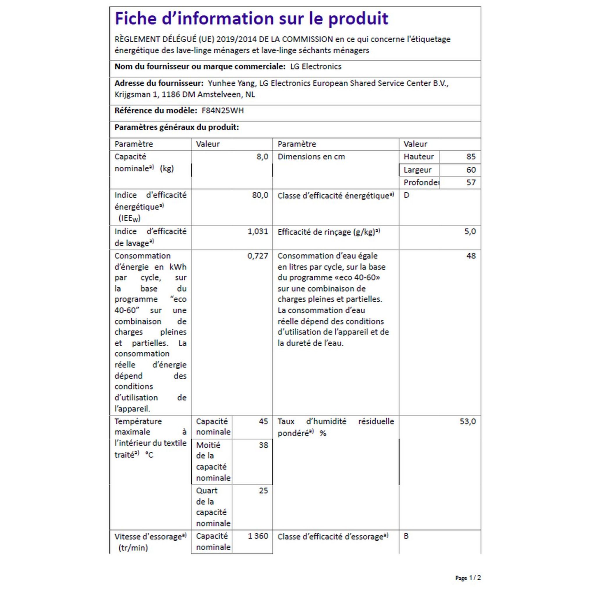 Voir la diapositive 16 : LG Lave linge hublot F84N25WH, 8 kg, 1400 T/min