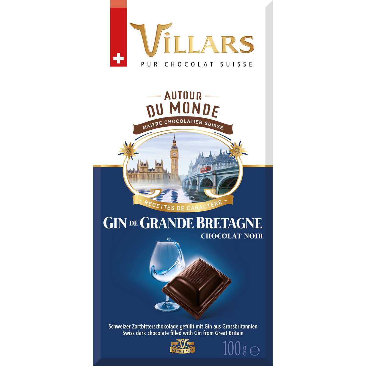 VILLARS Tablette de chocolat noir autour du monde gin de grande bretagne 100g