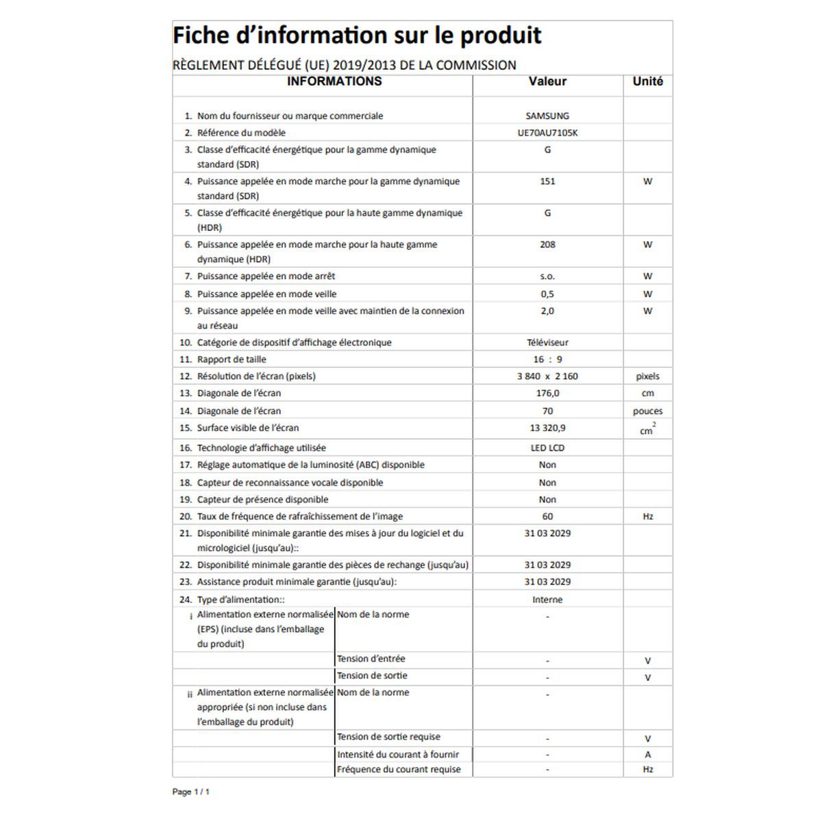 SAMSUNG UE70AU7105KXXC 2021 TV LED 4K Crystal UHD 176 cm Smart TV