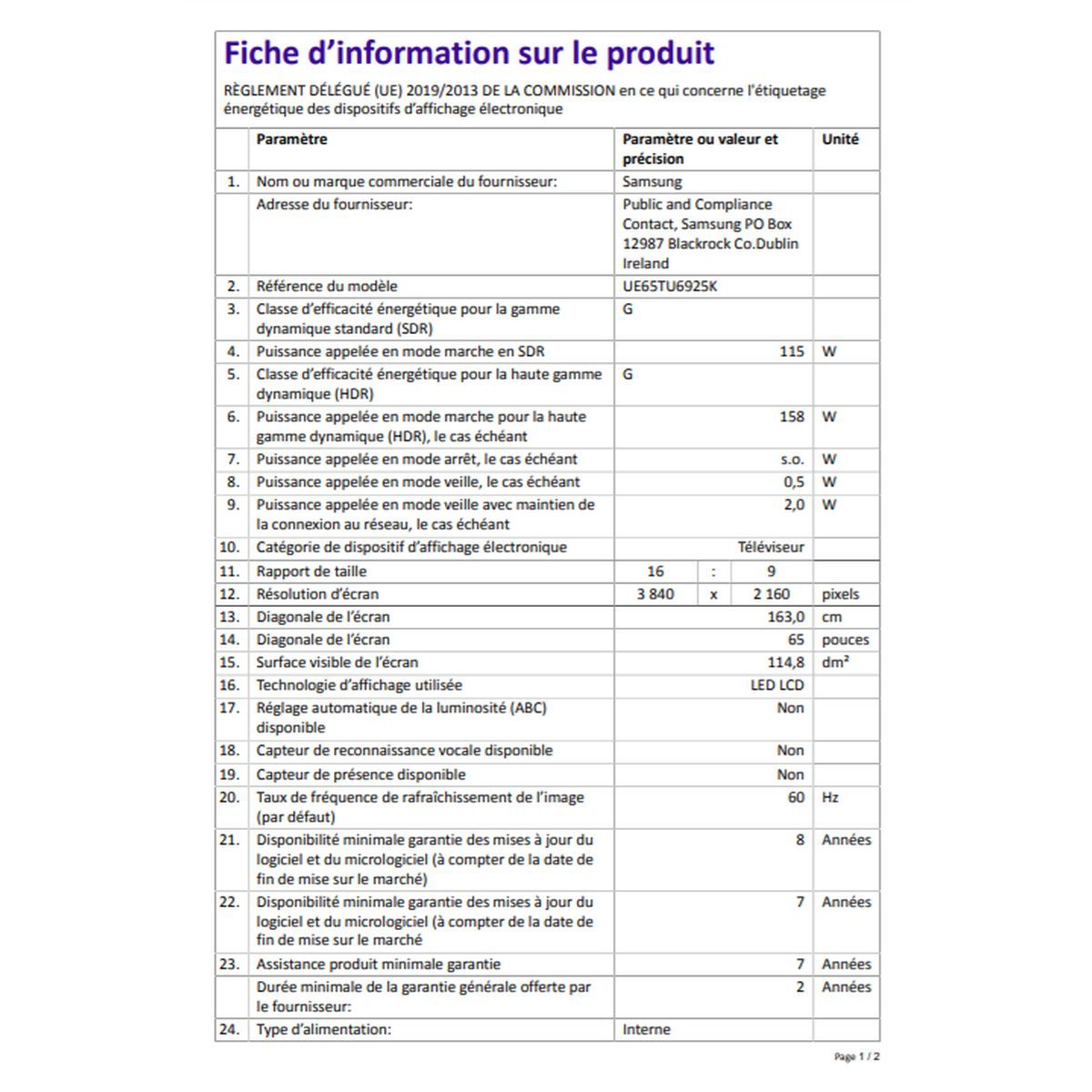 SAMSUNG UE65TU6925 TV LED 4K UHD 163 cm Smart TV