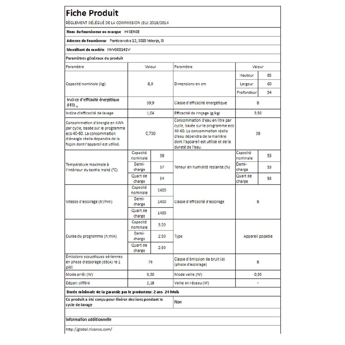 HISENSE Lave linge hublot HWGE8141V, 8 kg, 1400 T/min, B