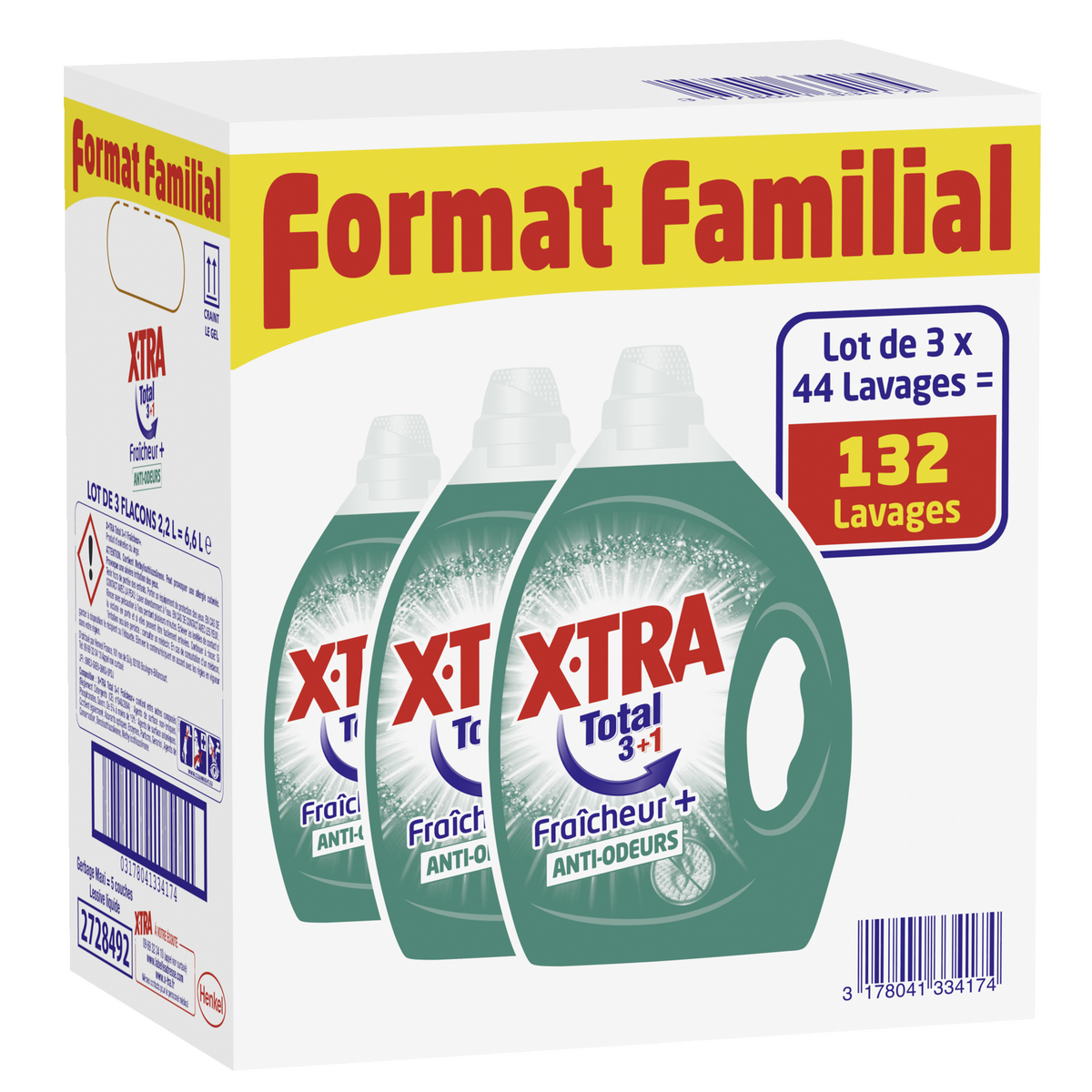 X-TRA Total+ Lessive liquide diluée 132 lavages 3x2,2l pas cher