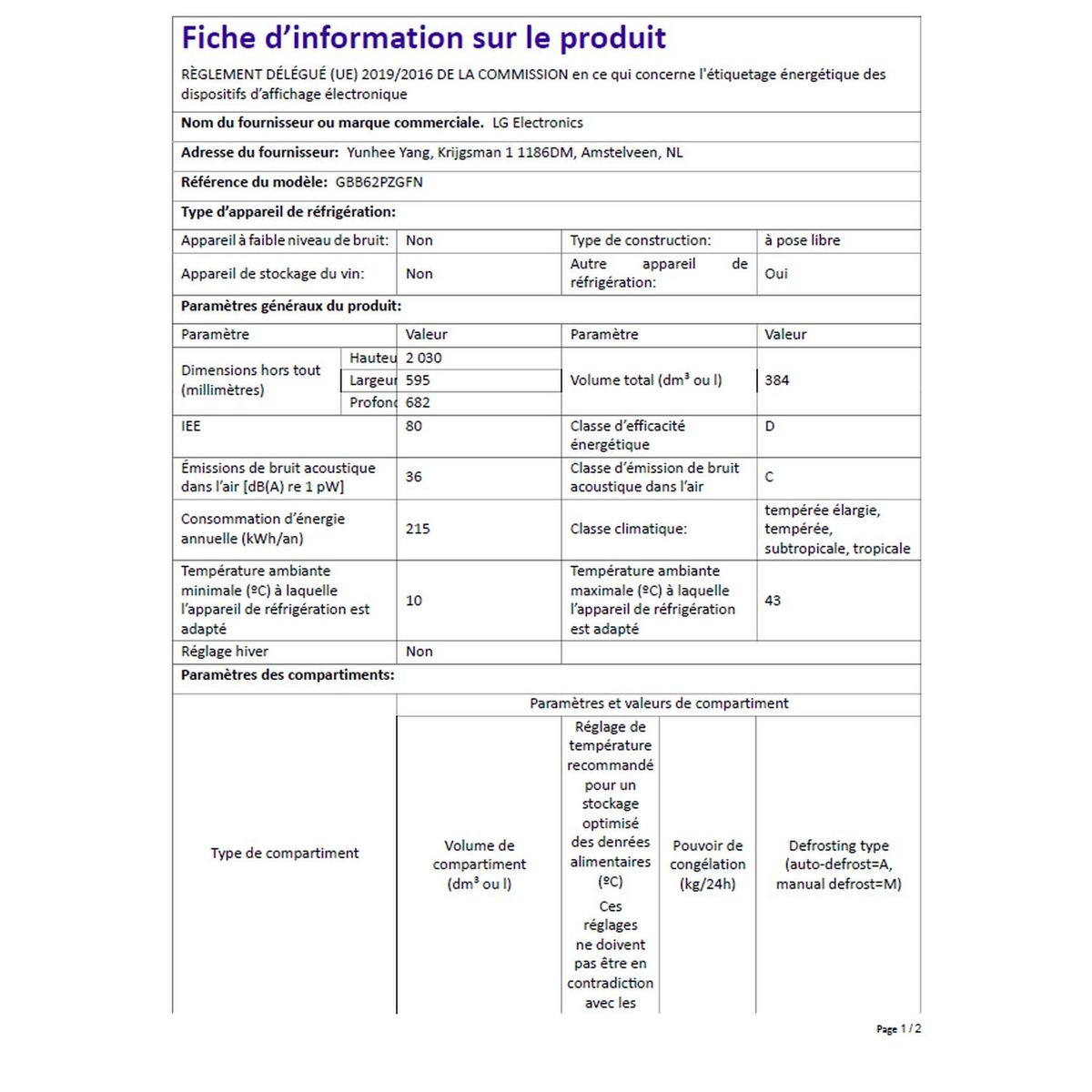 LG Réfrigérateur combiné GBB62PZGFN, 384 L, Froid ventilé