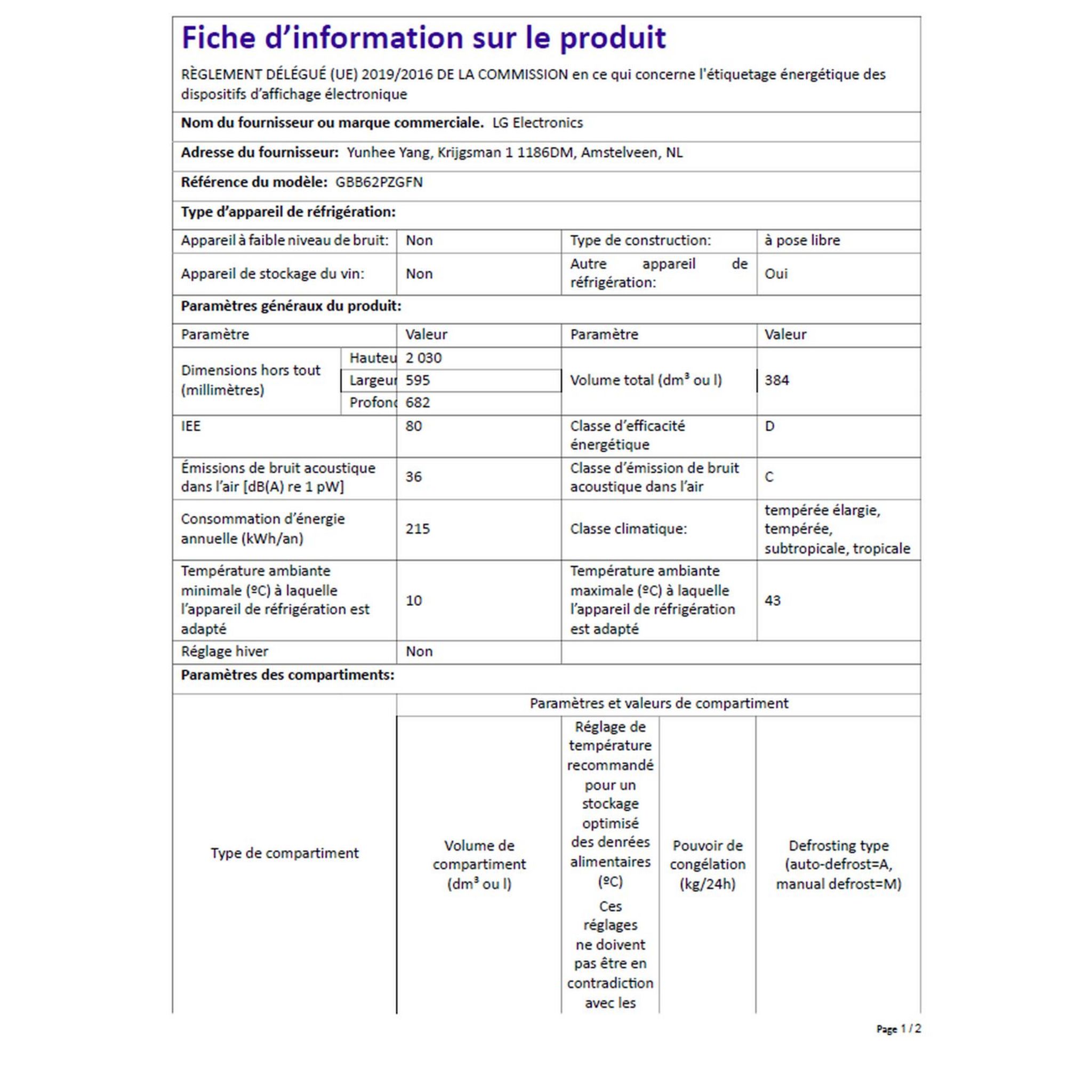Voir la diapositive 9 : LG Réfrigérateur combiné GBB62PZGFN, 384 L, Froid ventilé