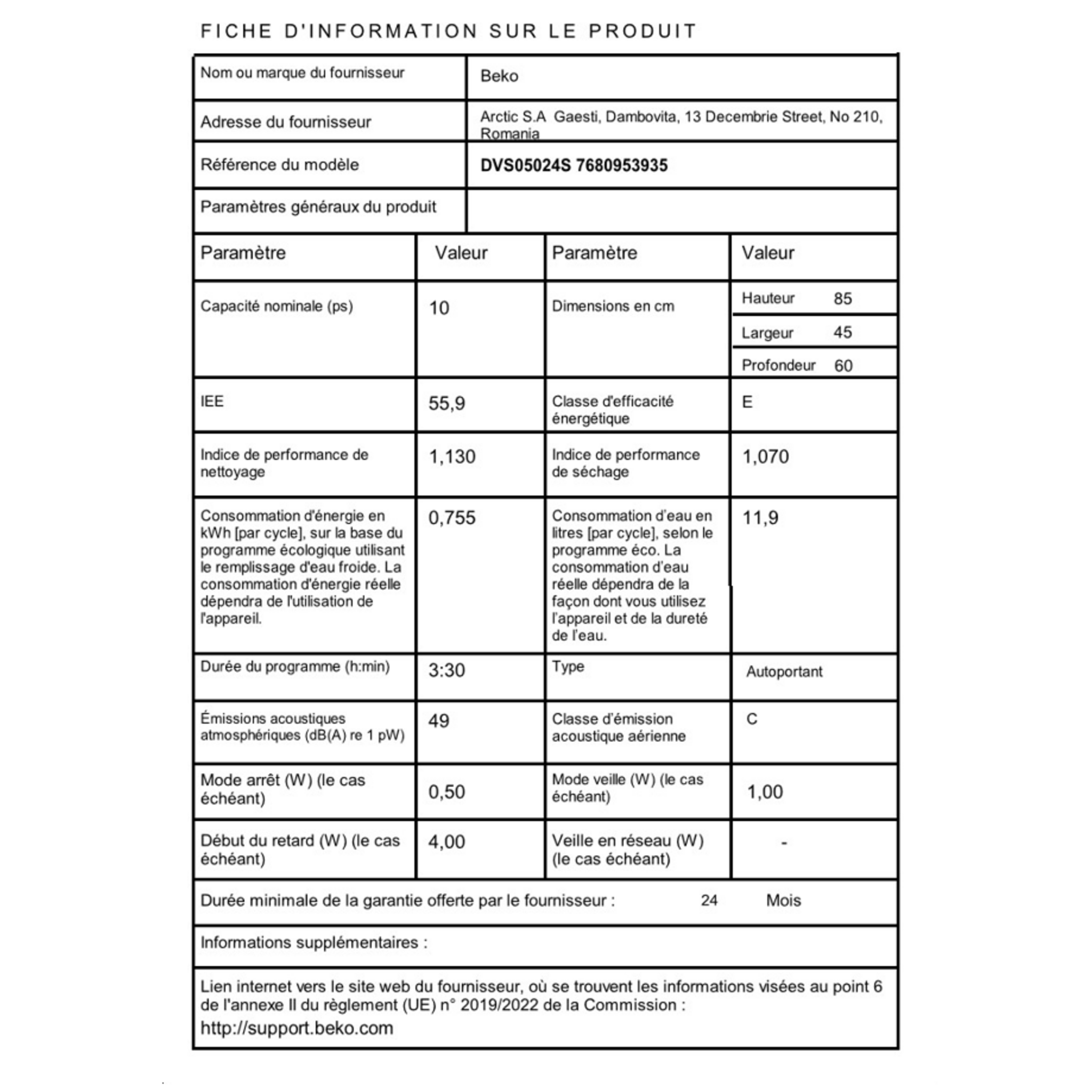 Voir la diapositive 7 : BEKO Lave vaisselle pose libre DVS05024S, 10 couverts, 45 cm, 49 dB, 5 programmes