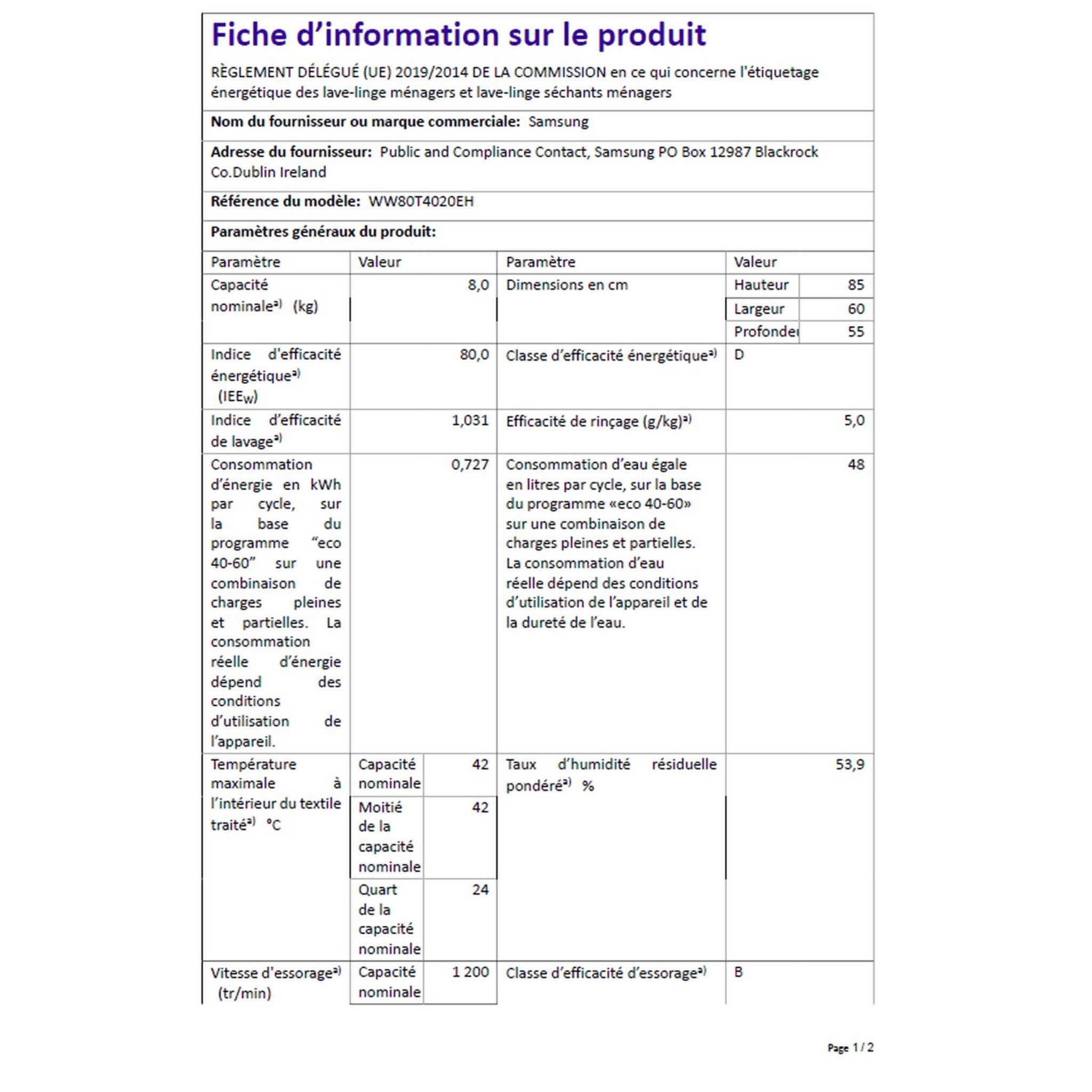 Voir la diapositive 12 : SAMSUNG Lave linge hublot WW80T4020EH, 8 kg, 1200 T/min, D