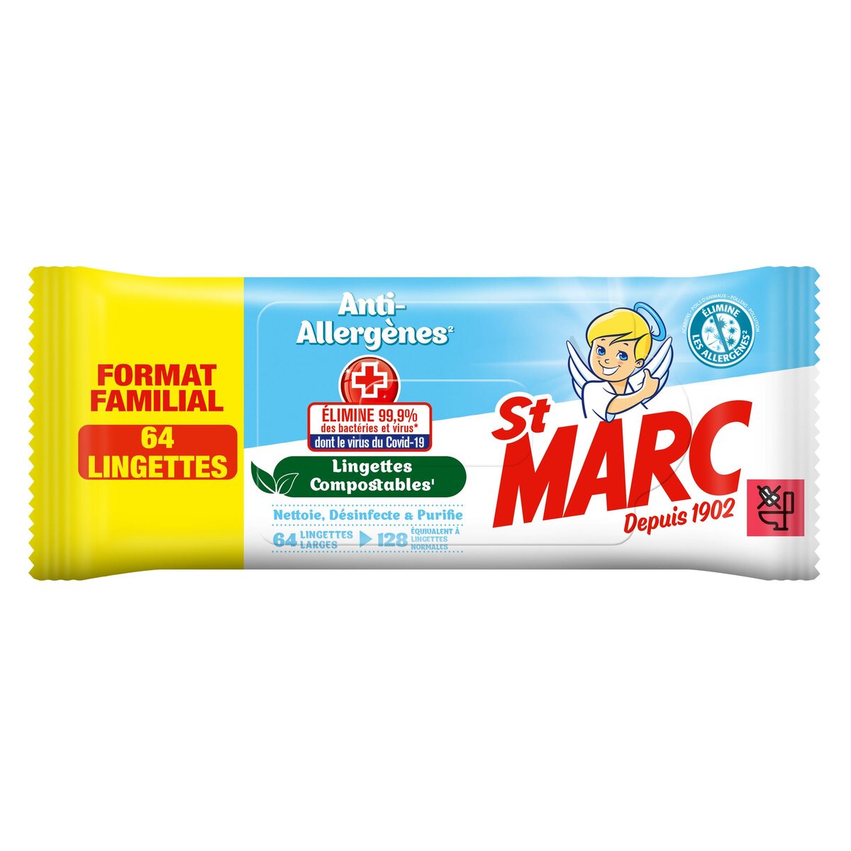 ST MARC Lingettes désinfectantes compostables anti-allergènes 64 lingettes