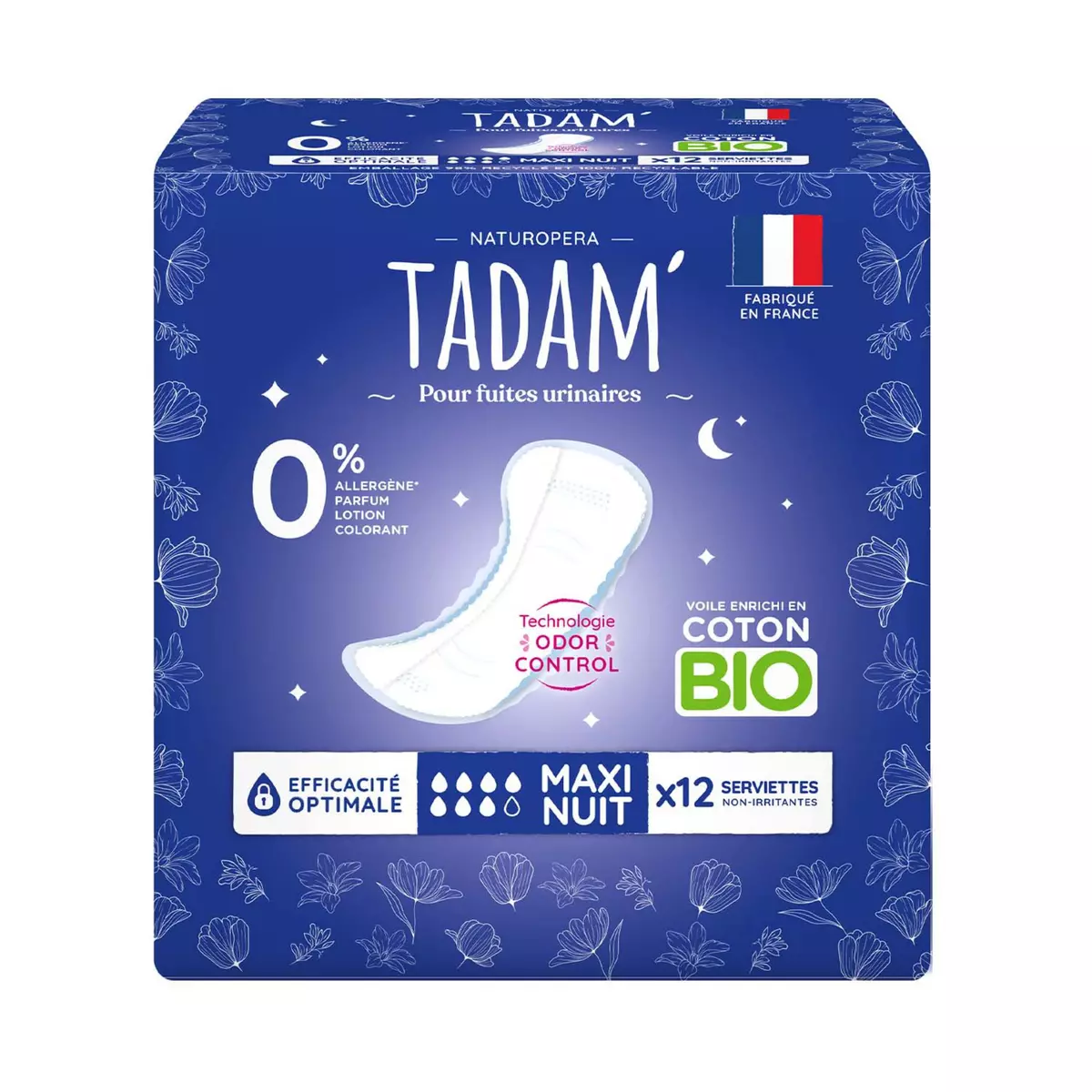TADAM Serviettes hygiéniques maxi nuit pour fuites urinaires 100% coton bio 12 serviettes