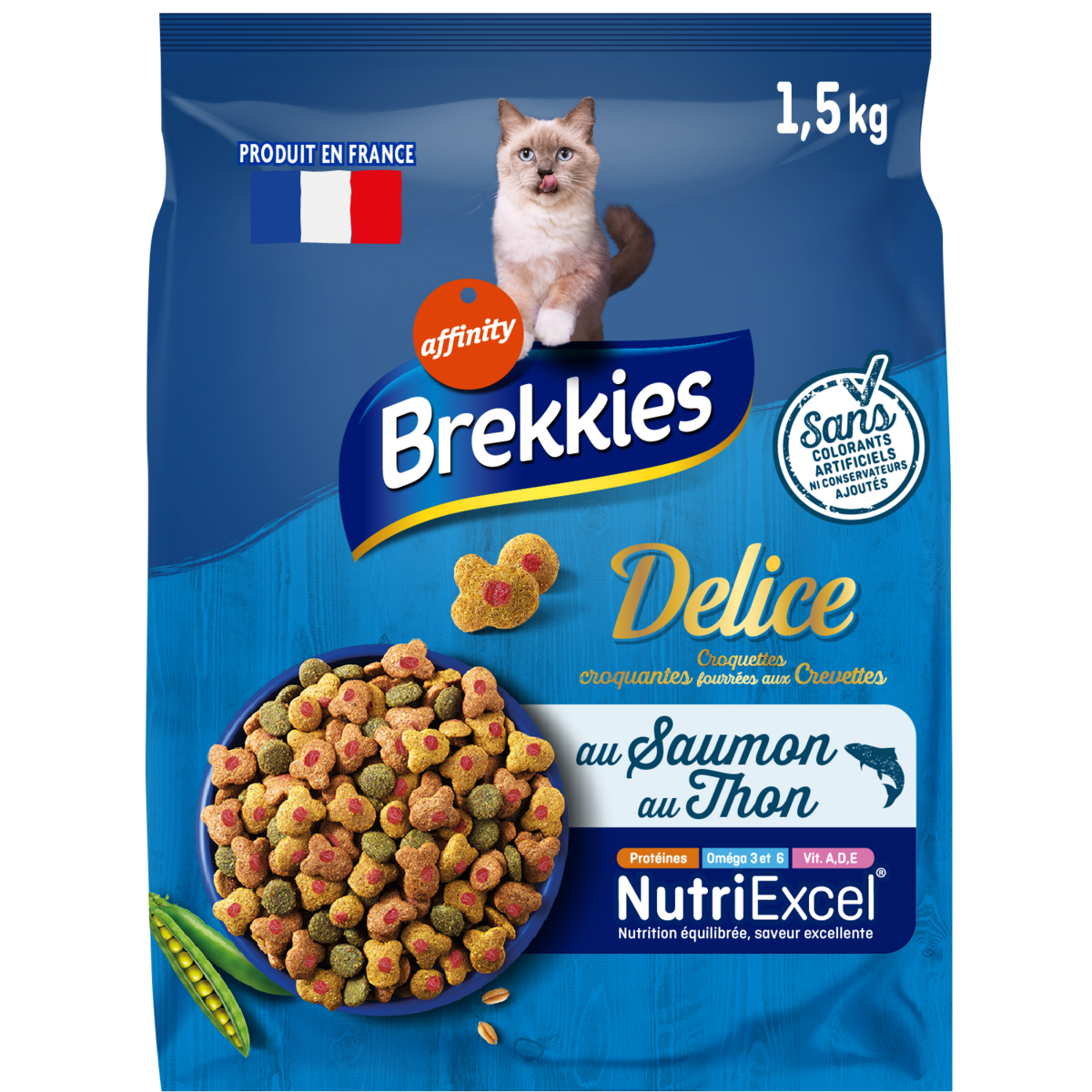 BREKKIES Delice croquettes fourrées aux crevettes saumon et thon pour chat 1,5kg