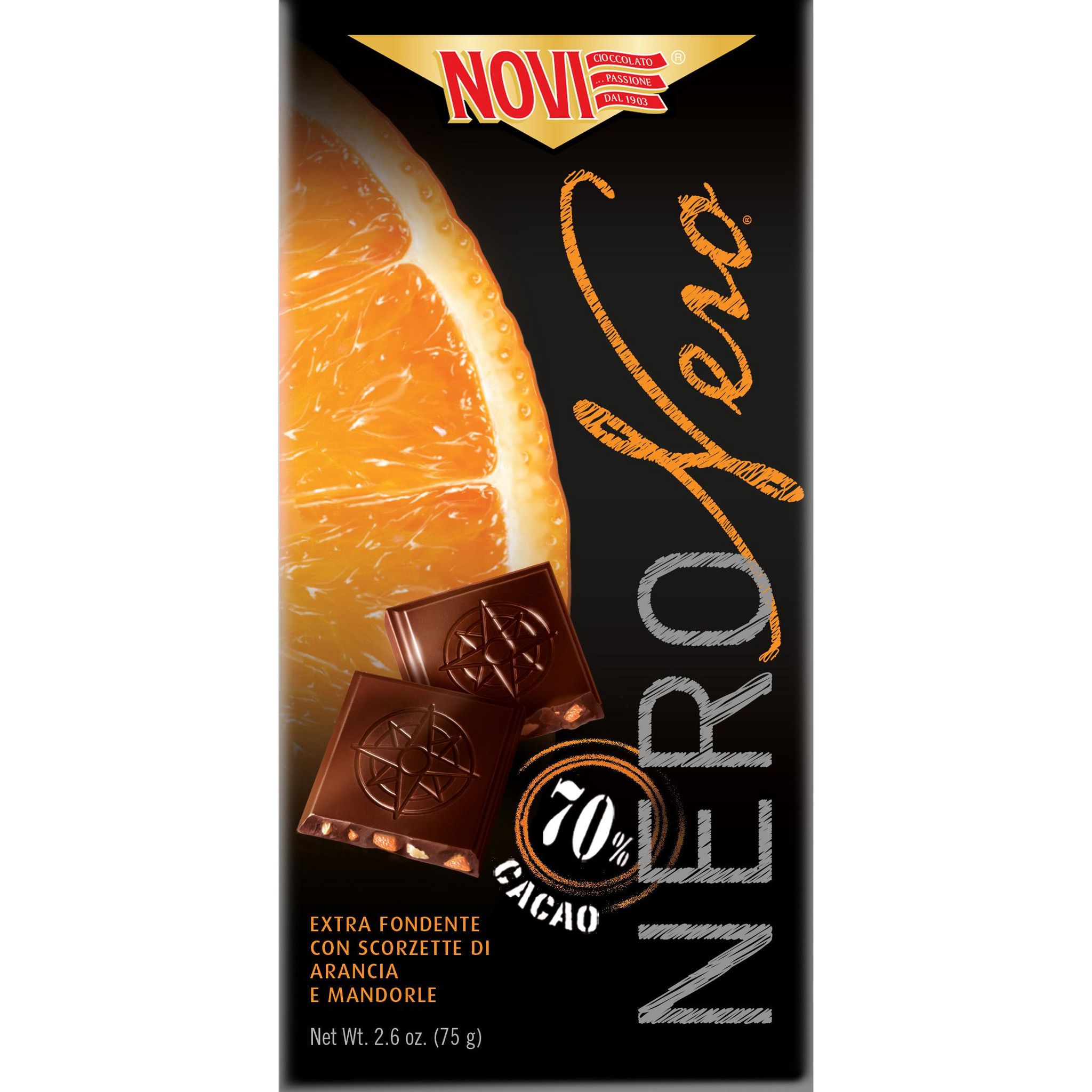 NOVI Tablette de chocolat noir 70% avec écorces d'orange 75g