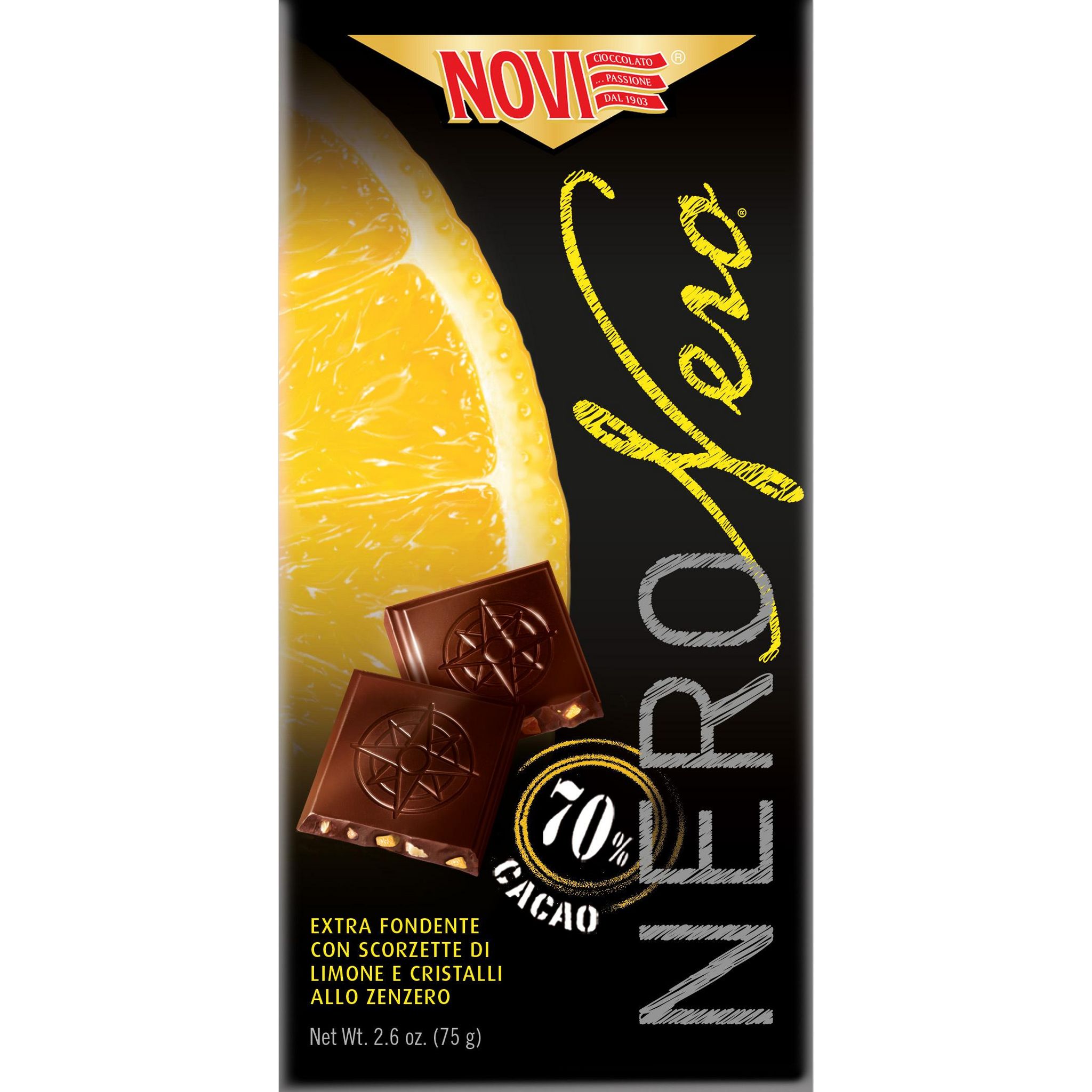 NOVI Tablette de chocolat noir 70% avec gingembre et écorces de citron 75g