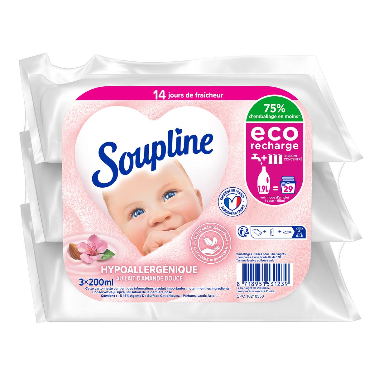SOUPLINE Recharge adoucissant liquide concentré à diluer au lait d'amande douce 29 lavages 3x200ml