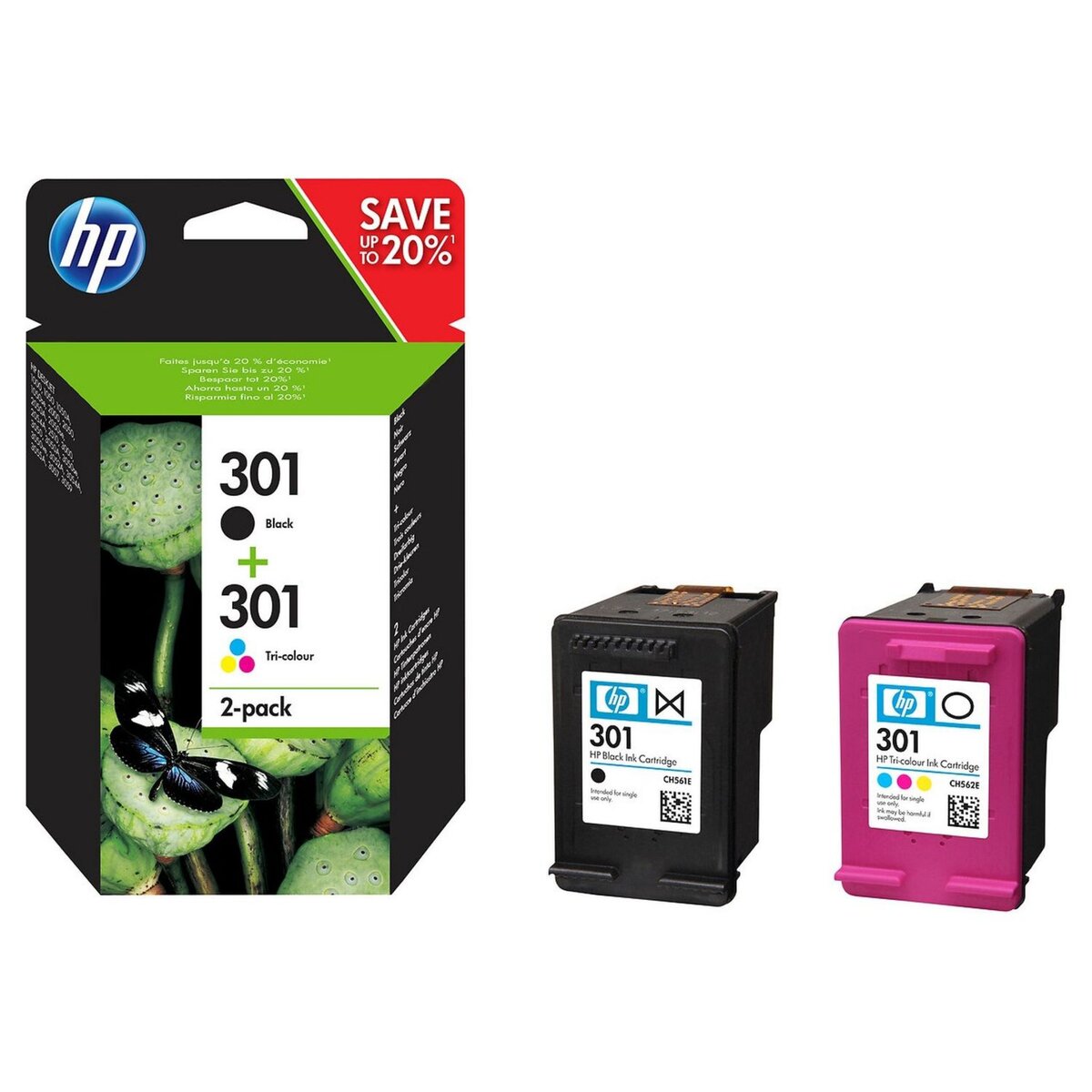 HP 301 Pack de 2 Cartouches d'encre Noir et Trois Couleurs Authentique  (N9J72AE) pas cher 