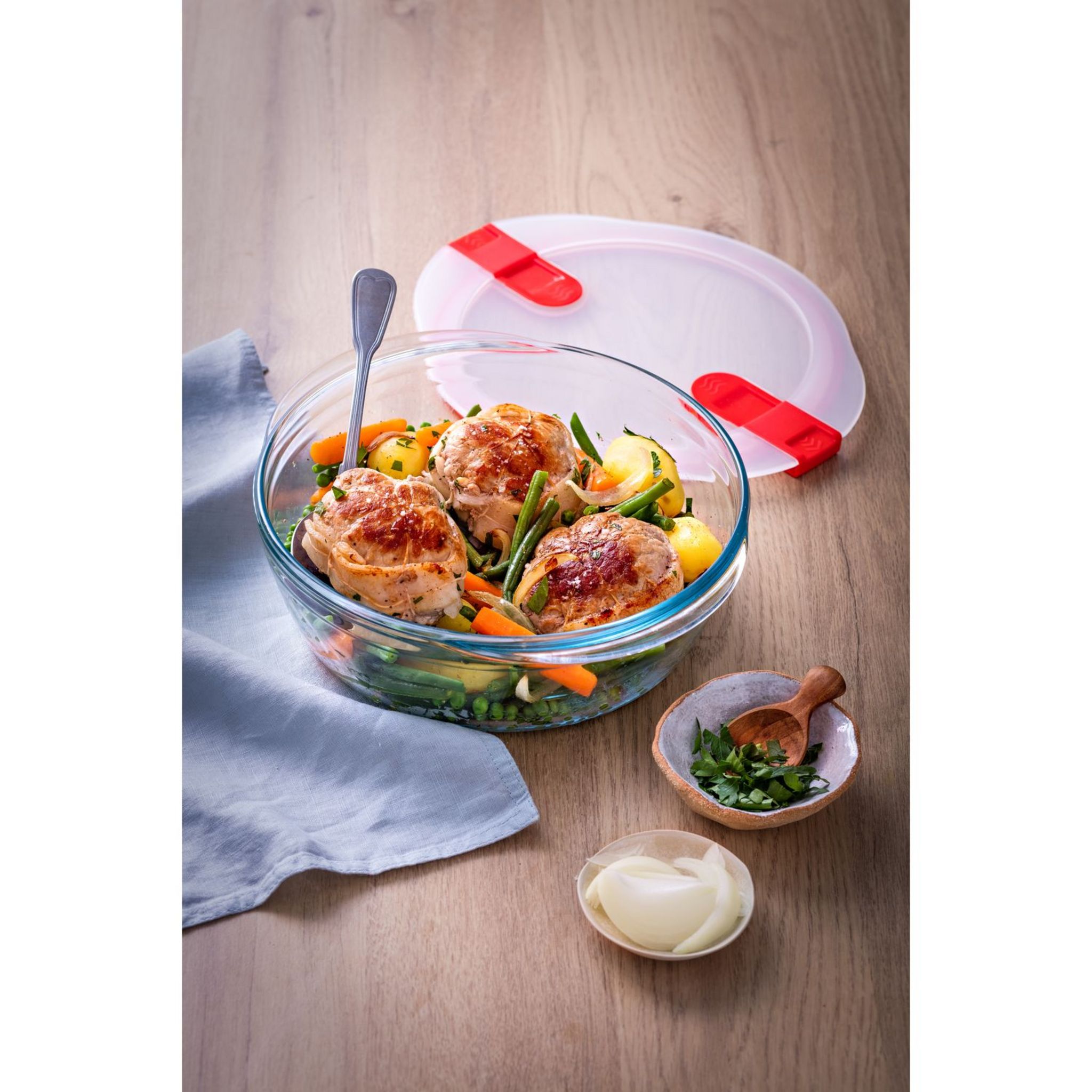 Voir la diapositive 2 : PYREX Plat rond couvercle plastique bout. vapeur 26 cm Pyrex Cook & Heat